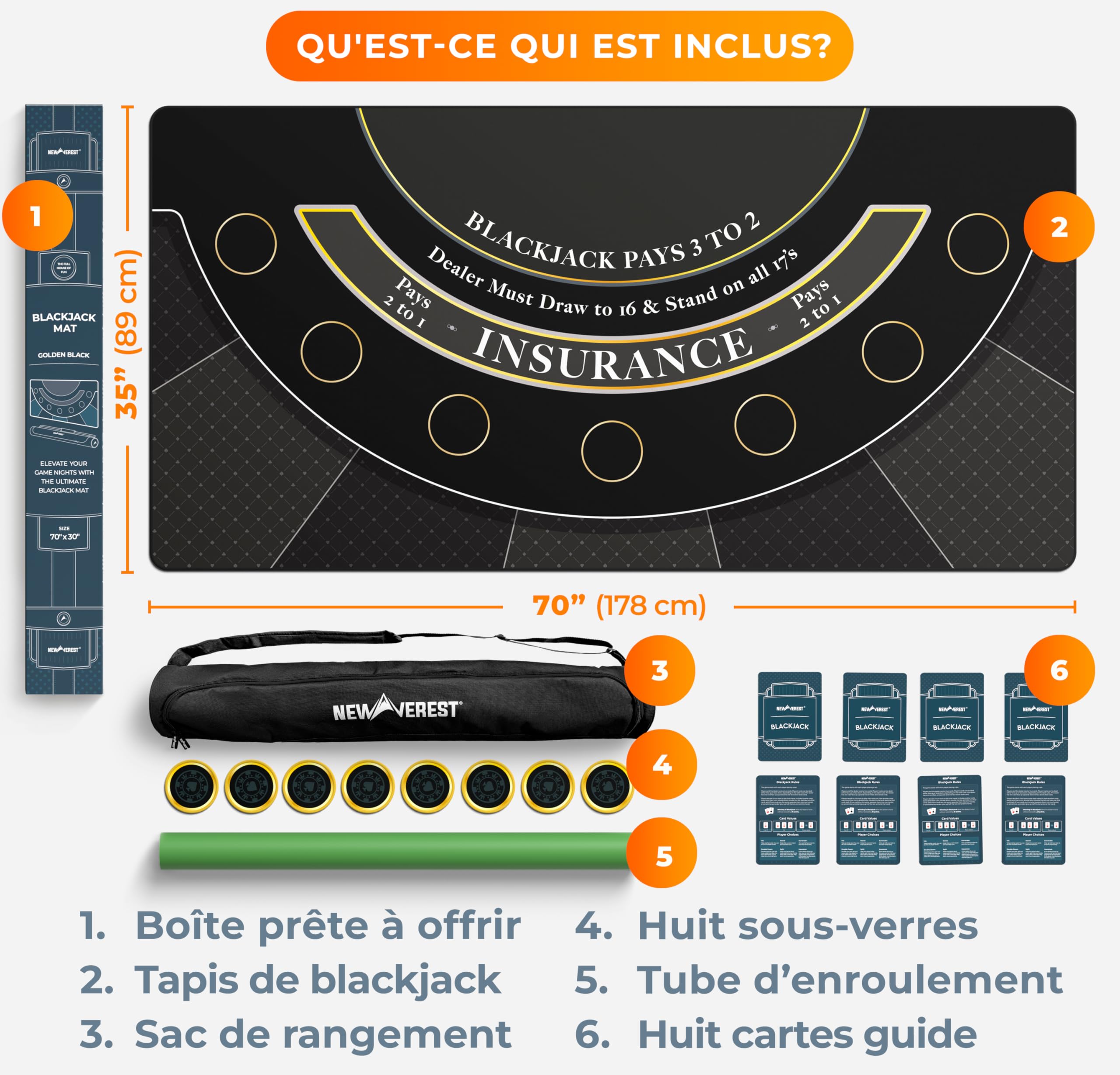 Newverest Tapis de Blackjack, Dessus de Table de Blackjack pour soirées de Jeu à la Maison avec des Amis | Dessus de Table de Casino Black Jack, Disposition du Tapis de Poker dans Un