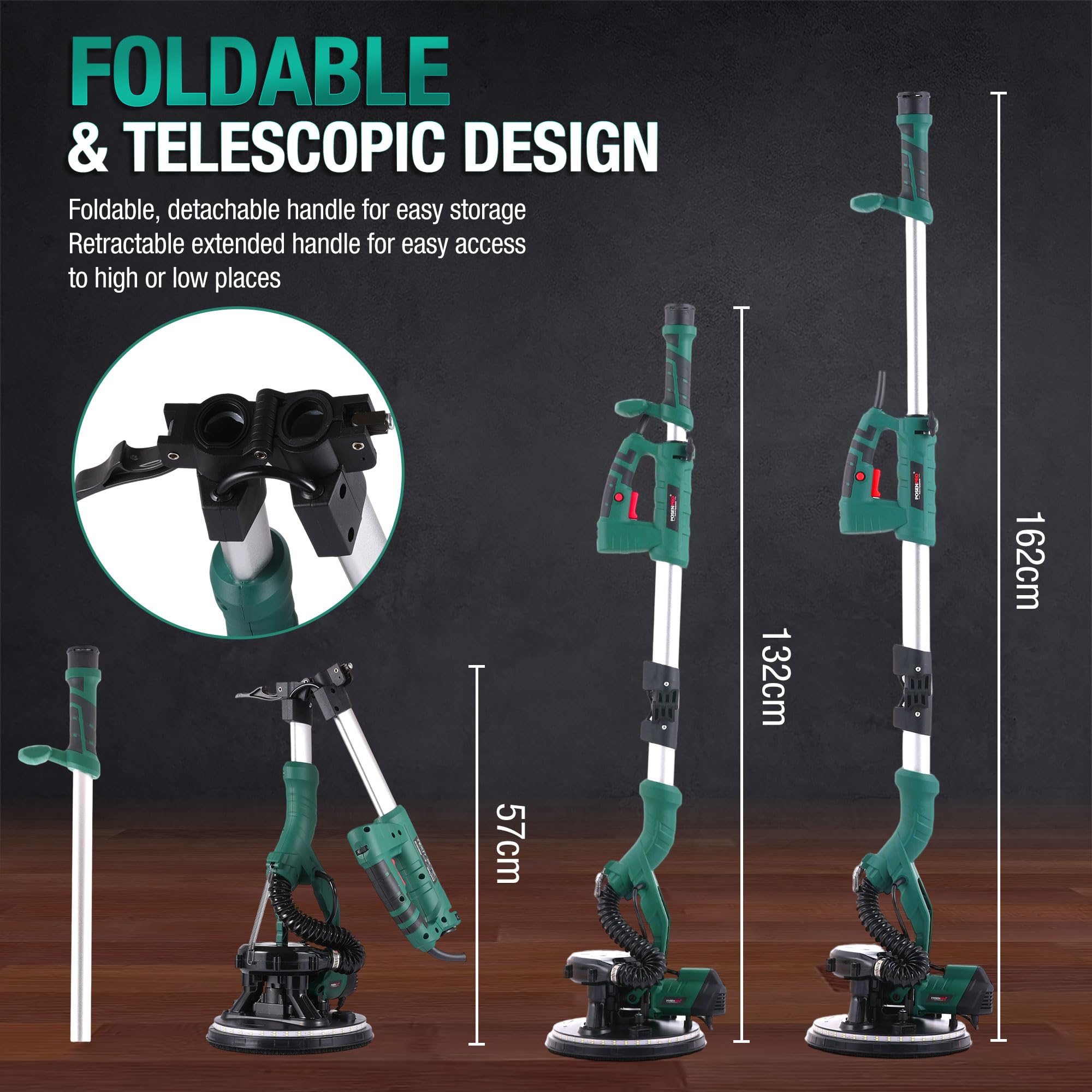 POSENPRO Trockenbauschleifer, Wand & Deckenschleifer, 810W Wandschleifer mit LED und Teleskopstiel, 215mm Schleifsch, Faltbarem Griff, neigbarer Kopf, inkl. 18x Klett-Schleifscheiben