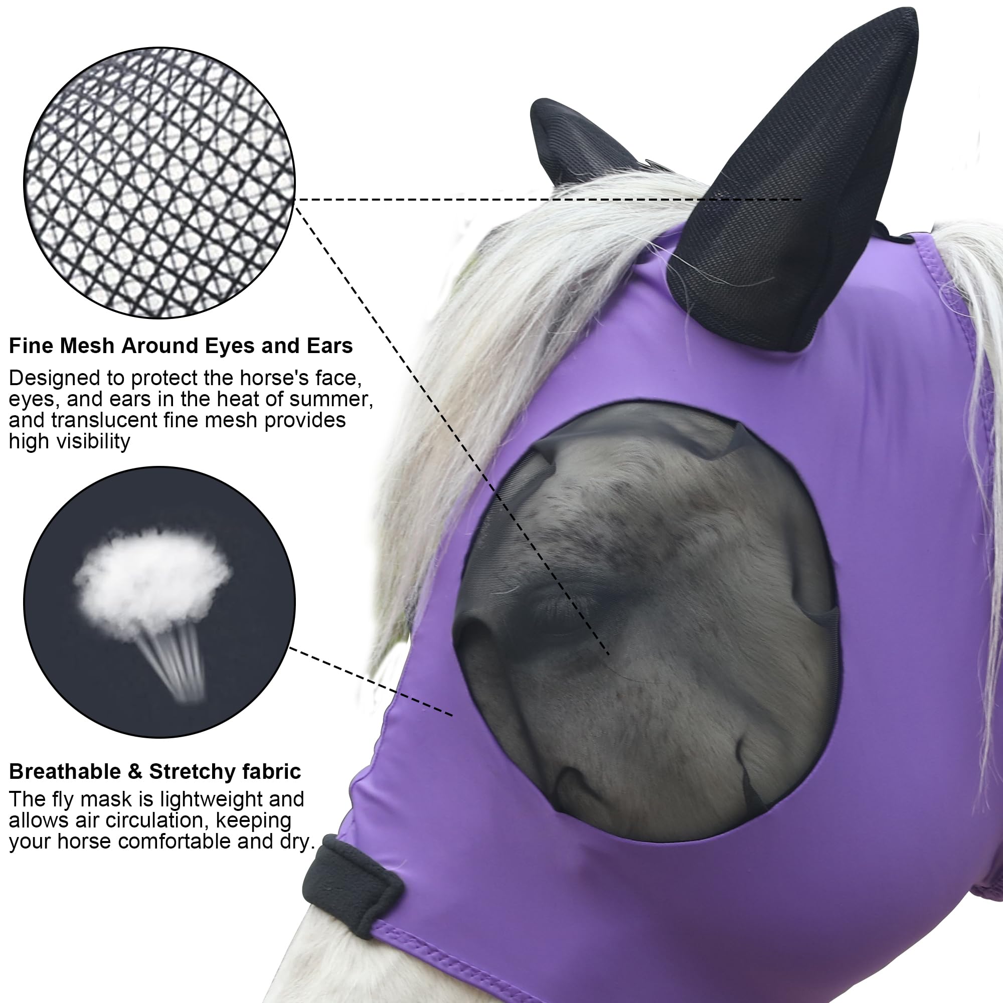 Gallopoff Horse Fly Mask Large Eye Space with Ears, Super Comfort Stretchy UV Protection for Horse Purple Full - Image 2
