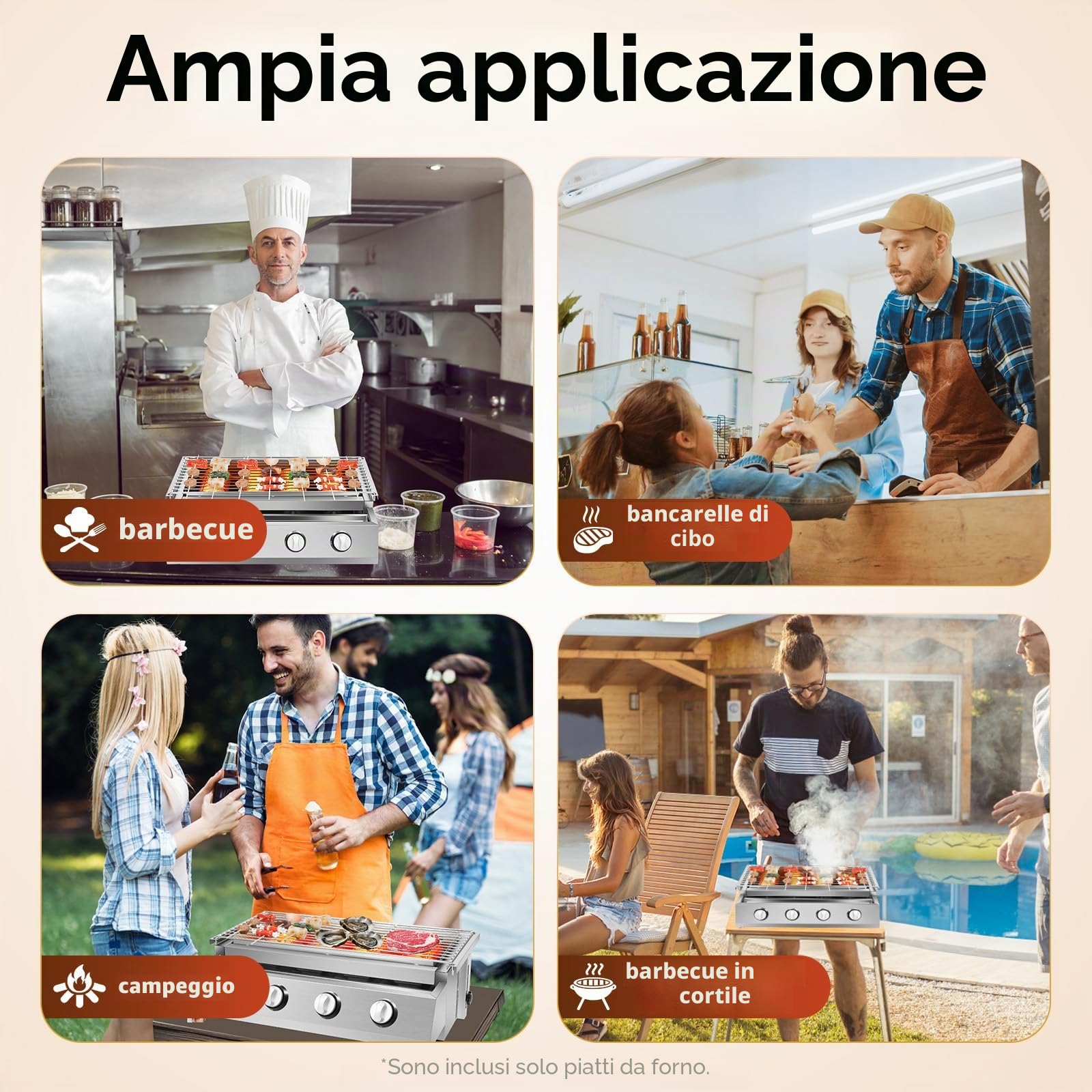Griglia a gas a 4 fiamme, portatile, in acciaio inox, da tavolo, a gas, con 4 piastre in acciaio, colore argento, regolabile in altezza, per campeggio, riunioni