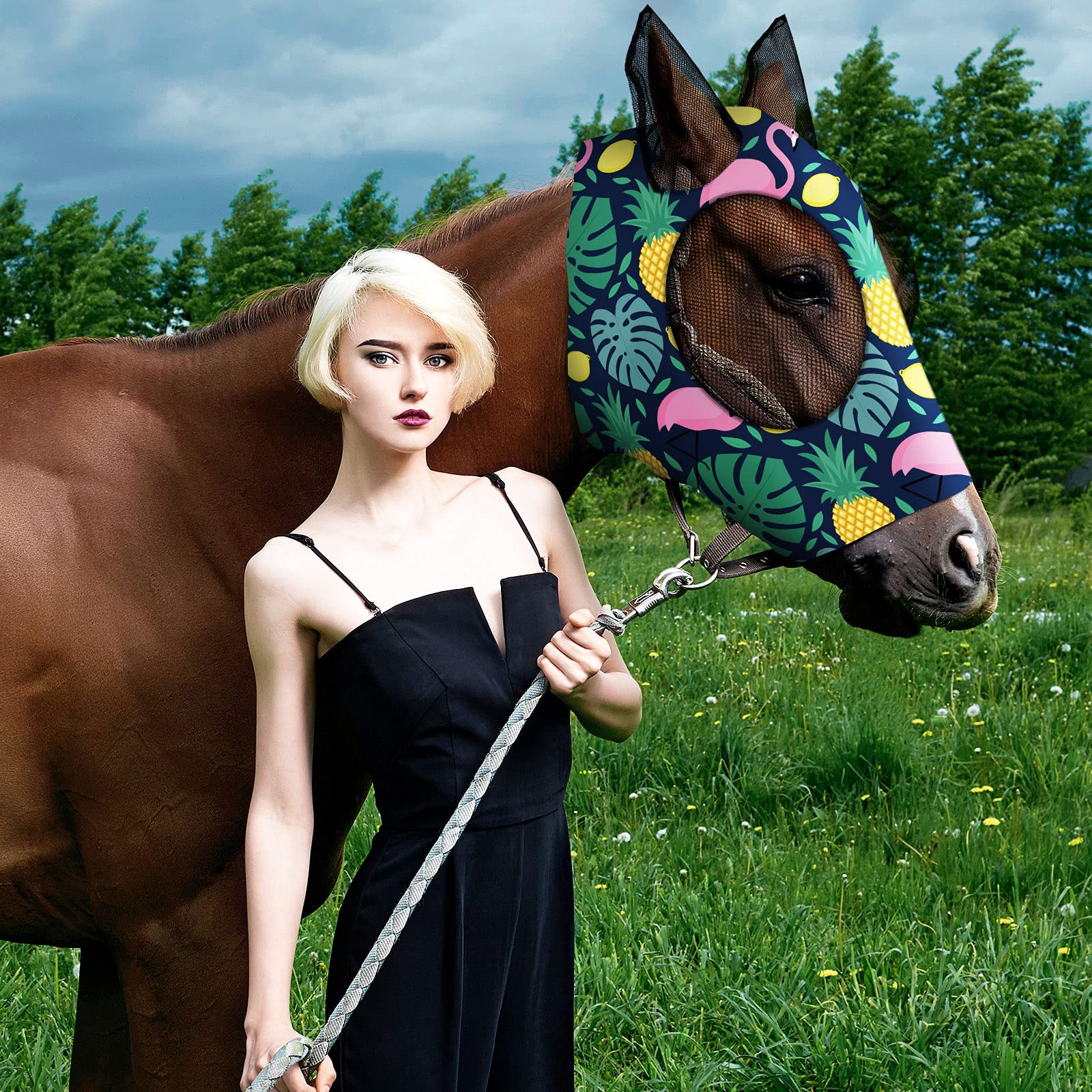 Hestya 2 Pieces Horse Fly Masks for Horses Soft Fly Masks for Horses with Ears Smooth and Elasticity Fly Mask with UV Protection (Summer Patterns,L) - Image 3