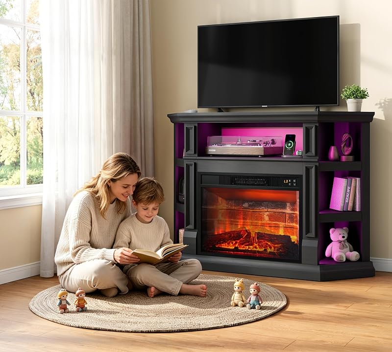 Corner TV Stand with Electric Fireplace, Black image 5