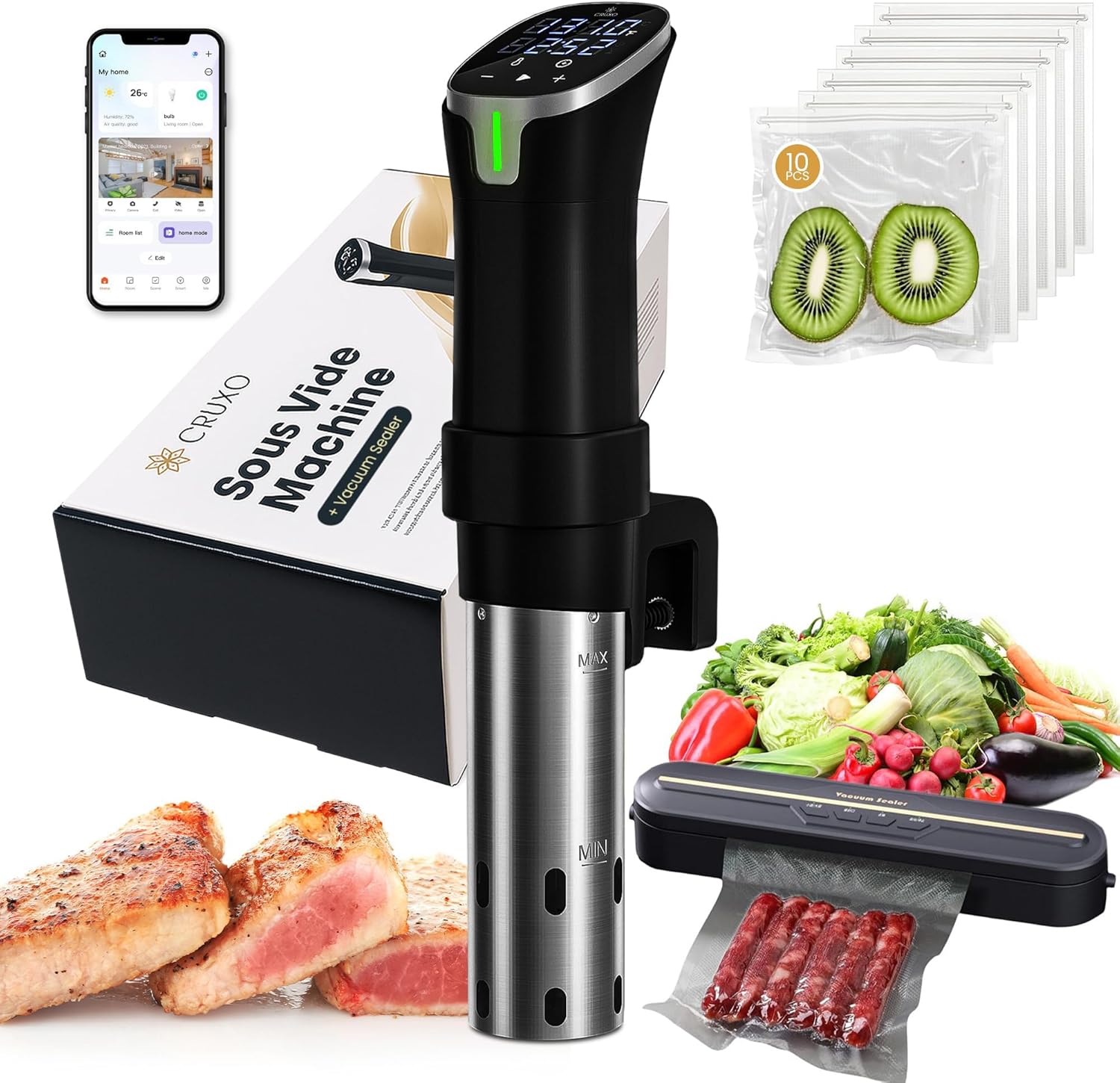 CRUXO 1100W Sous Vide Cooker Kit With App Control, Immersion Circulator, LED Display, Touch Panel, Vacuum Sealer & 10 Sealing Bags | Suvee Sous Vide Machine For Precise Cooking, Smart Thermal Cooker
