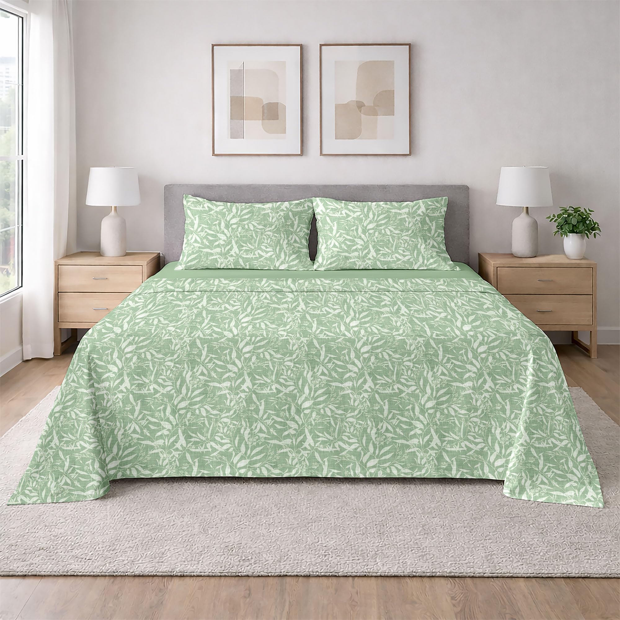 Ruggeri - Completo Letto - 100% Morbida Microfibra di Alta Qualità | 2 Federe + 1 Lenzuolo con Angoli + 1 Lenzuolo Sopra - Collezione Everyday (Foglie Verdi, Matrimoniale)