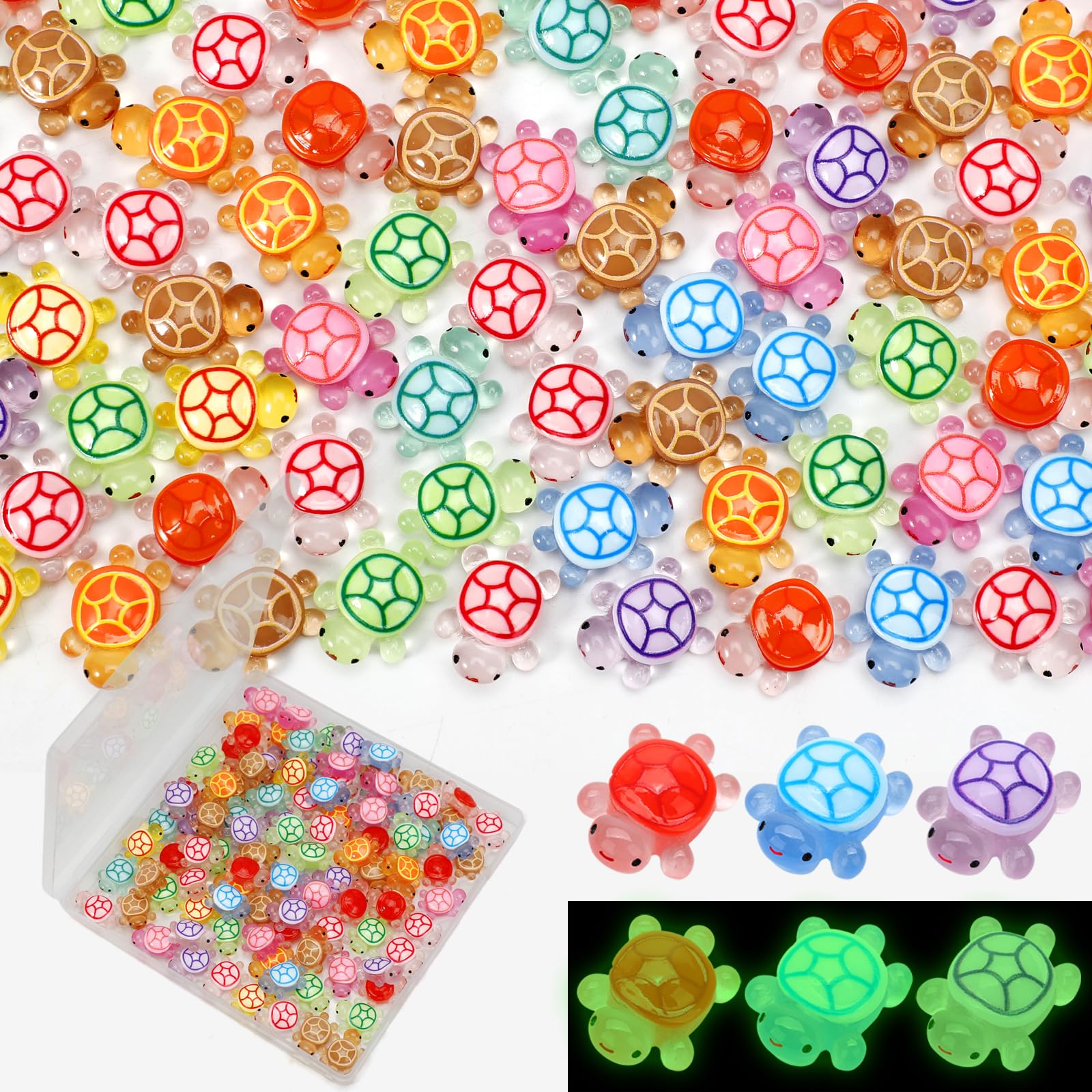100 Pcs Luminous Mini Resin Turtles, Tiny Sea Turtle Animals to Hide Miniature Figures Glow in the Dark Small Plastic Ocean Animal for Fairy Garden