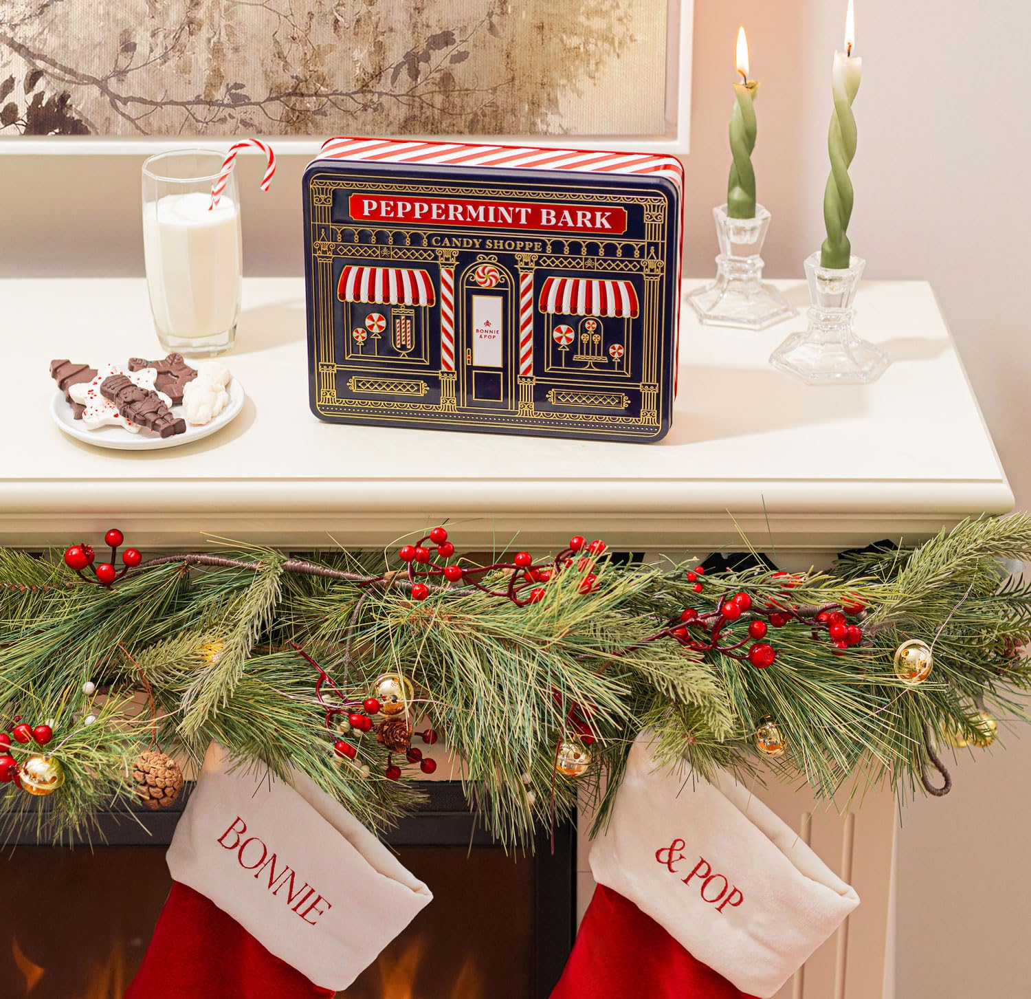 Christmas Peppermint Gift Tin Bark Candy – Fudge Gourmet Holiday Chocolate Gift Basket, Festive Assortment with Nutcrackers, Trees & Gingerbread Shapes – Family, Friends & Coworkers- Bonnie & Pop