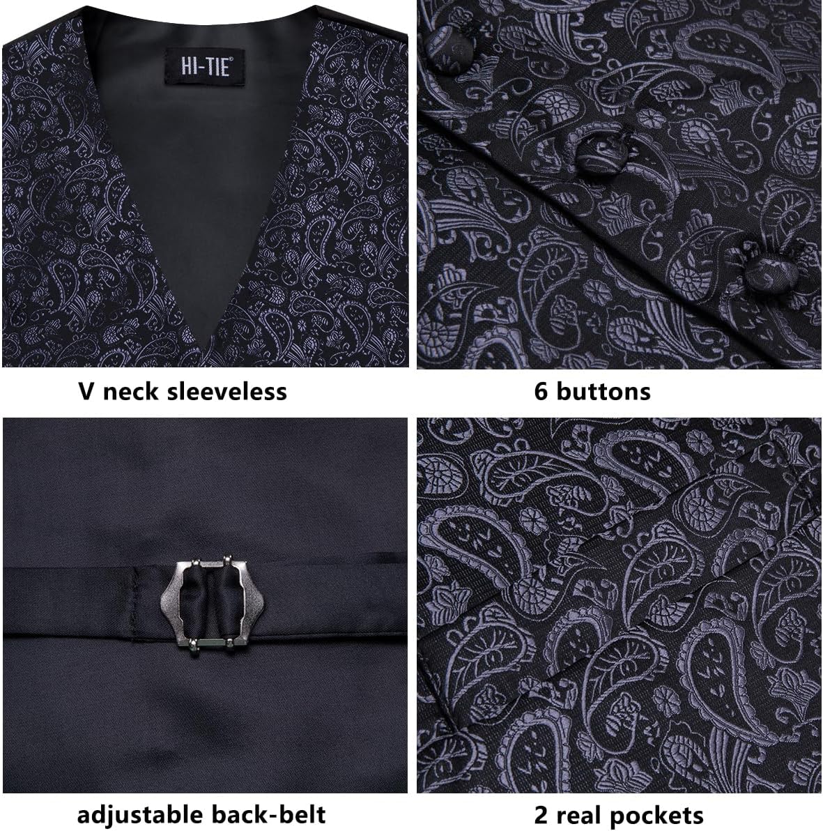 Hi-Tie Men's Silk Vest Bowtie Set Formal Suit Vest Jacquard Tie Handkerchief Cufflinks 5PCS Dress Waistcoats Wedding - Image 2