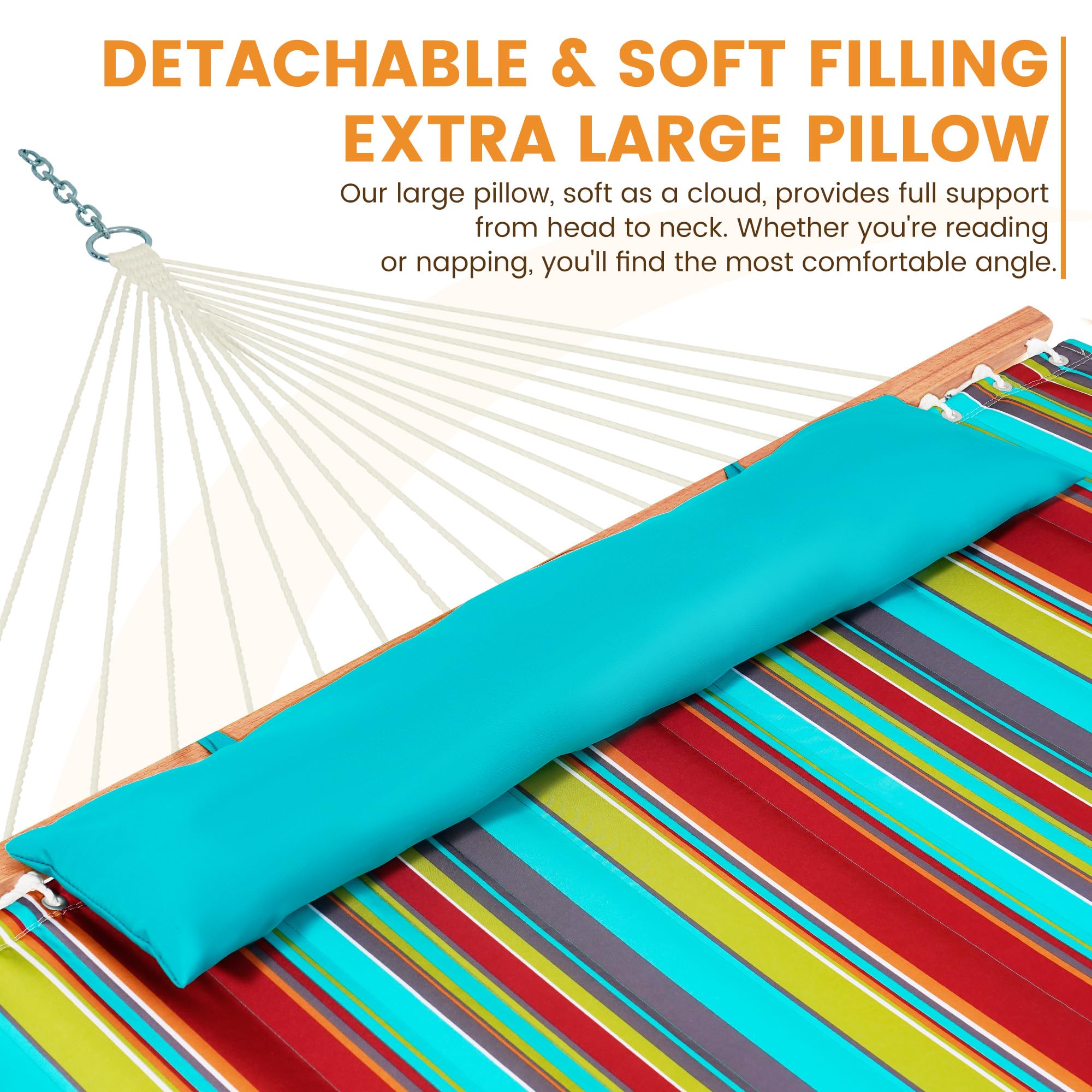 Lazy Daze Hammocks Hamak z pikowanej tkaniny o rozmiarze 140 cm z drewna liściastego i poliestrowej poduszki na głowę, stylowy dla dwóch osób, niebiesko-czerwone paski