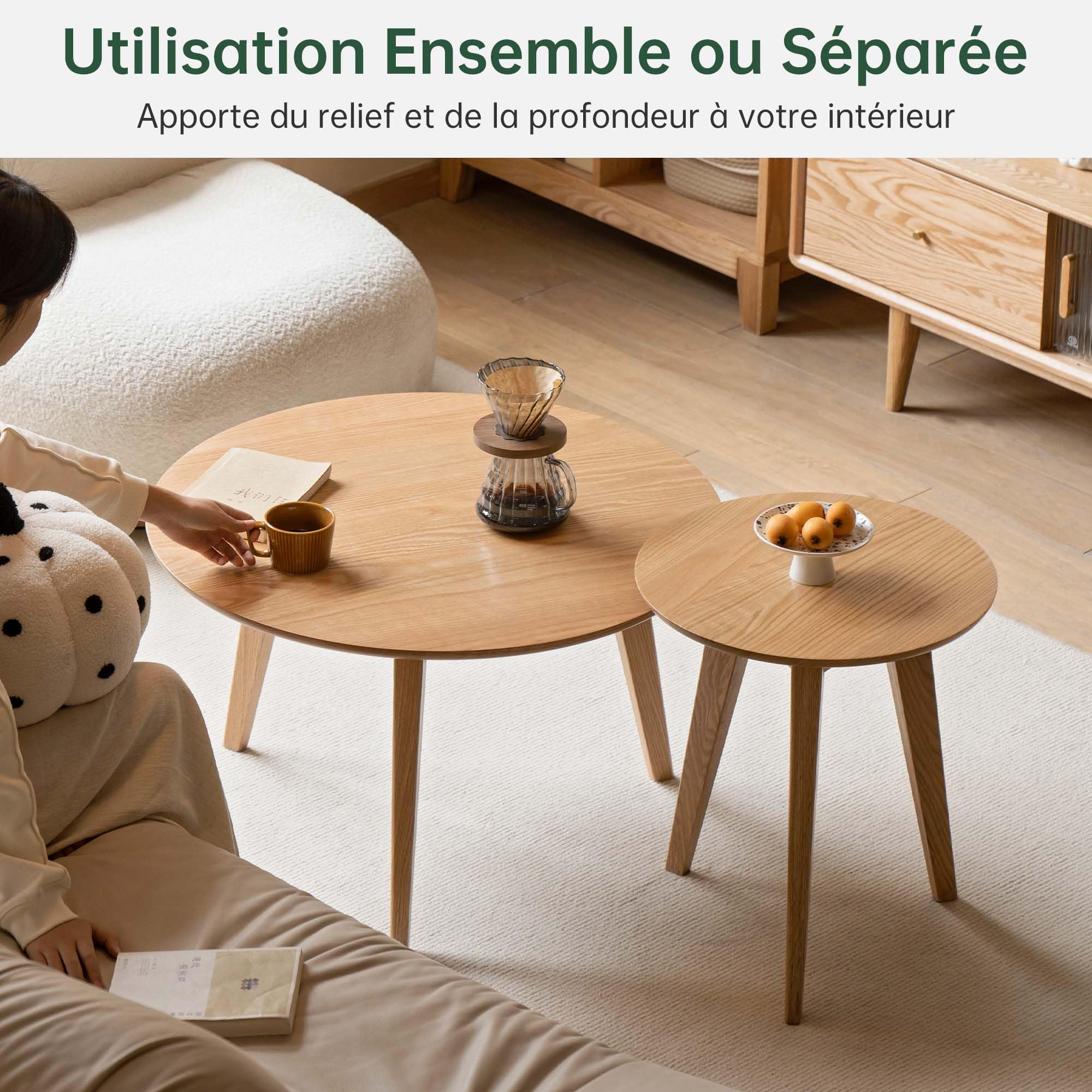 YESWOOD Table Basse Ronde en Chêne Massif, Style Moderne, Table d’Appoint pour Salon, Balcon, 60 x 60 x 35 cm, Chêne Naturel