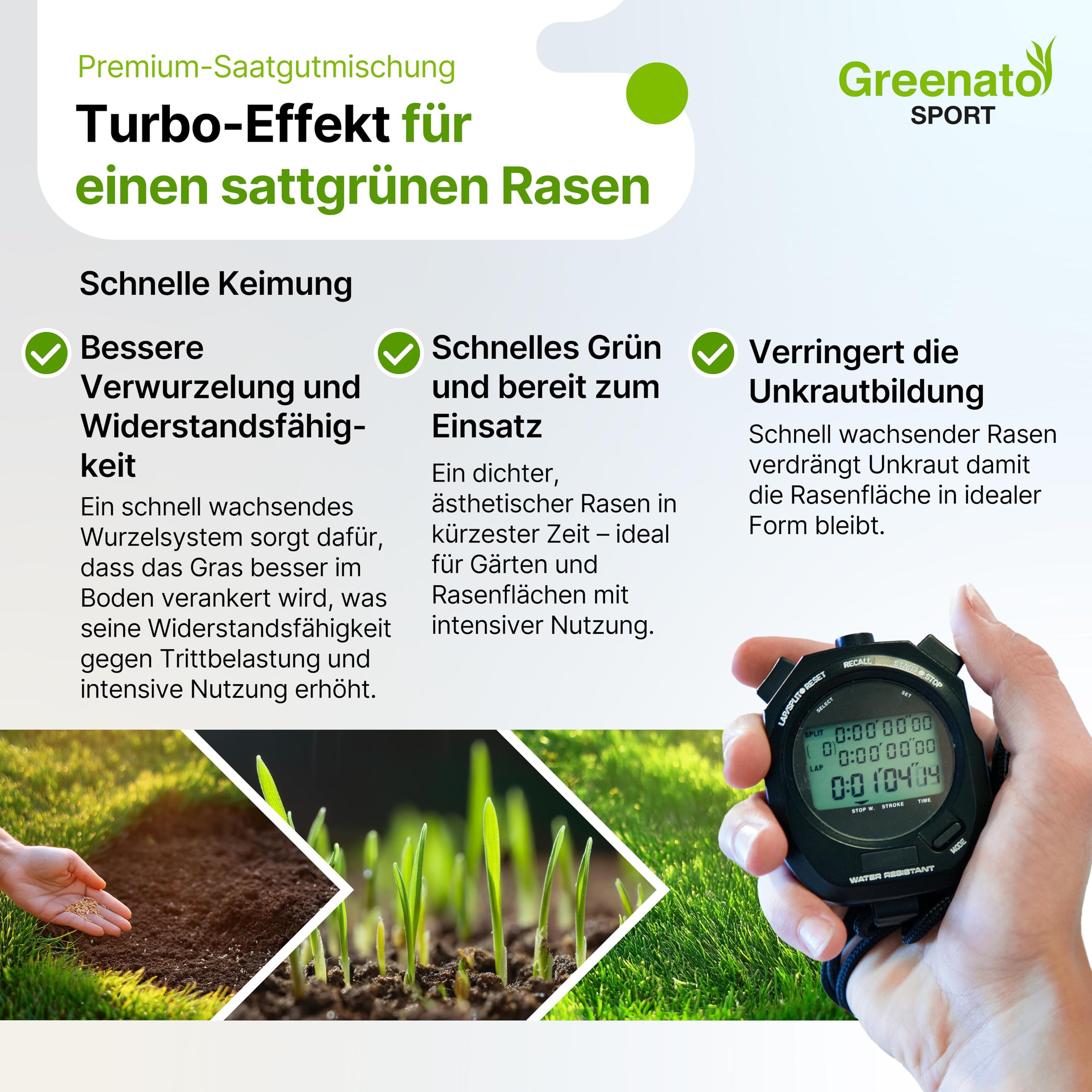 Spiel und Sport Rasensamen Greenato Sport 5kg – Turbo Rasensamen Nachsaatrasen schnellkeimend Unkrautvernichter Rasen Grassamen ideal für Neuansaat extra robuster Rasen ausreichend für 200 m²
