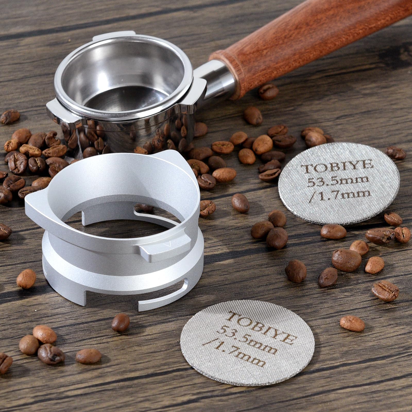 Tobiye 54mm Espresso Dosing Funnel Puck Screen Set, Hands-Free Espresso Accessories, Aluminum Alloy Coffee Dosing Ring & 53.5mm/1.7mm Puck Screen Compatible with Breville