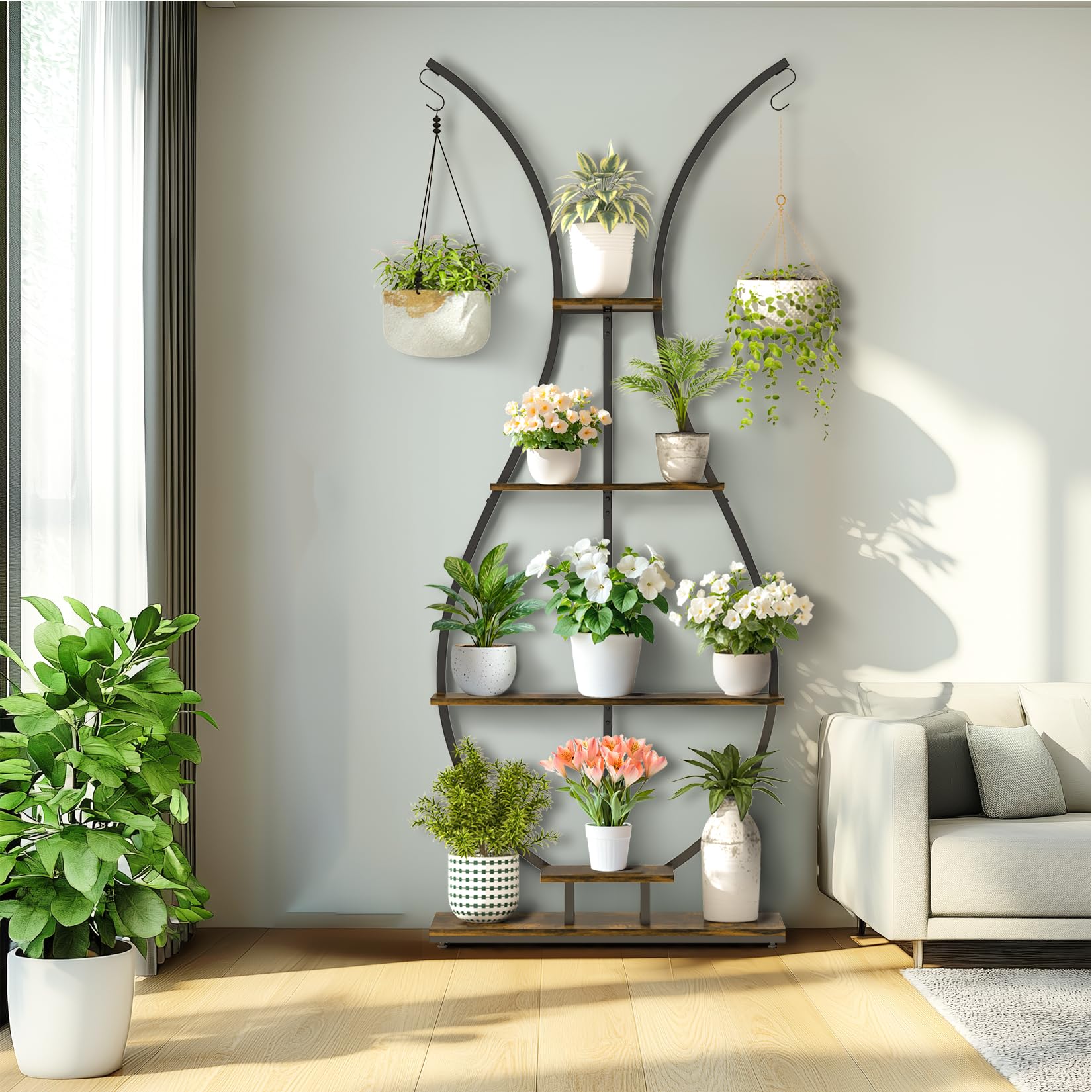unho Support de Plantes d’intérieur Designe: 74x30x181cm Étagère Plante en Métal Porte Fleur pour Salon Balcon Présentation avec Dispositif Anti-Renversement - Brun Rustique et Noir