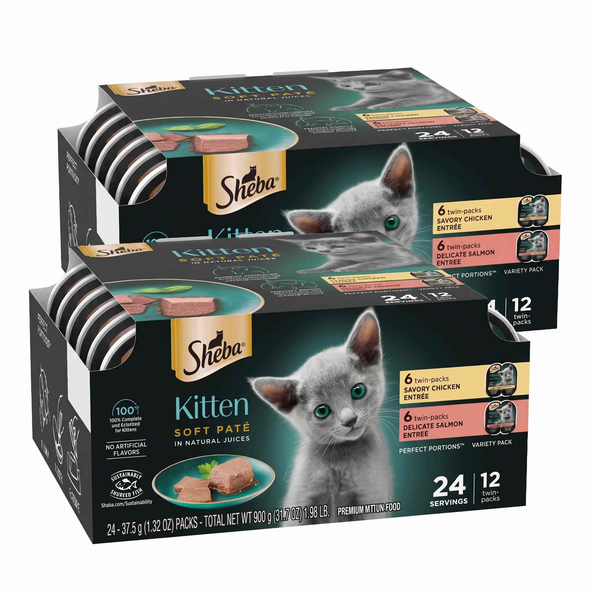 Sheba Perfect Portions Kitten Wet Food,Pate Cat Food Wet Entree,Chicken Recipe and Salmon Recipe,2.6 oz. -Pack Trays (,24 Servings),12 Count (Pack of 4)