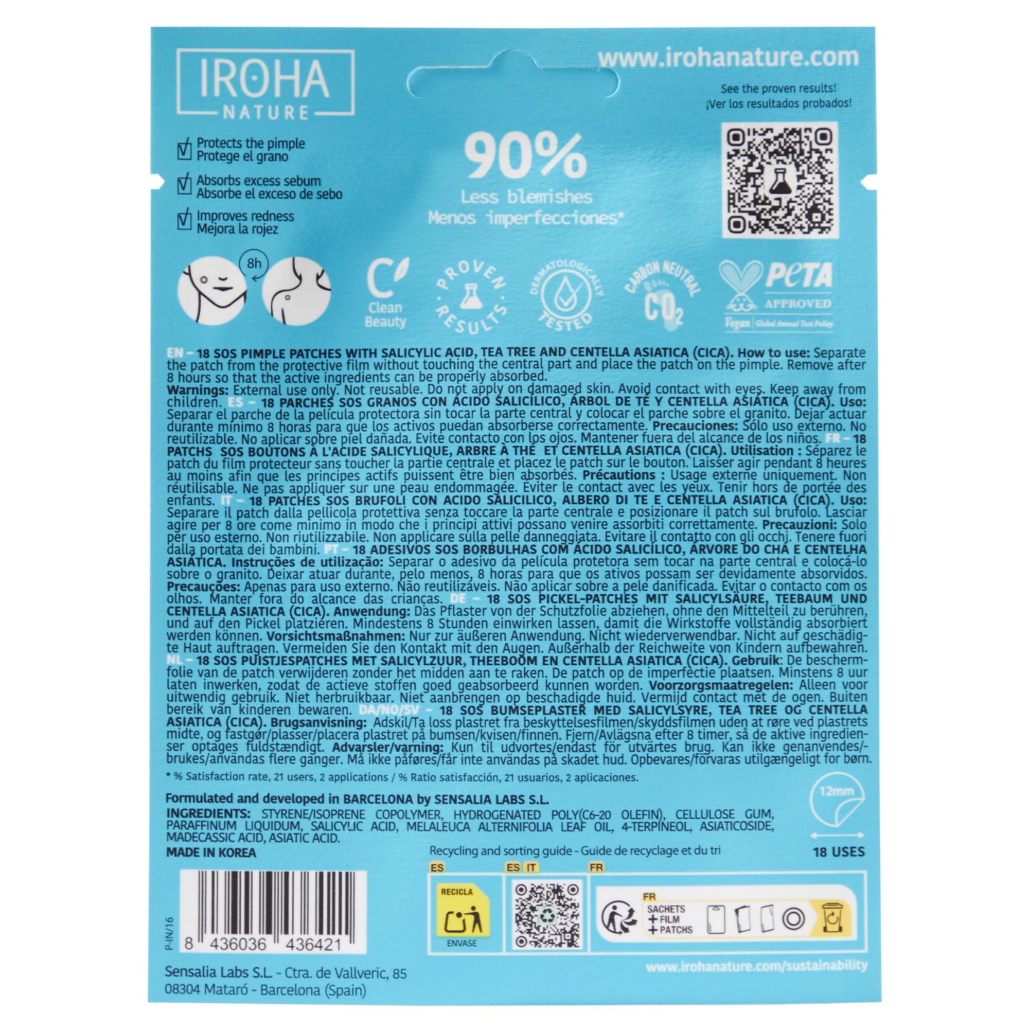 Iroha Nature - Parches para Granos con Ácido Salicílico, Árbol de Té y Centella Asiática, reduce los granos en 8h. Parches para acné (18 unidades). — view 2