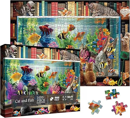 Miniatura 2 de Rompecabezas divertido de gato de 1000 piezas para adultos, libros de arte, rompecabezas coloridos de peces, rompecabezas estéticos difíciles de