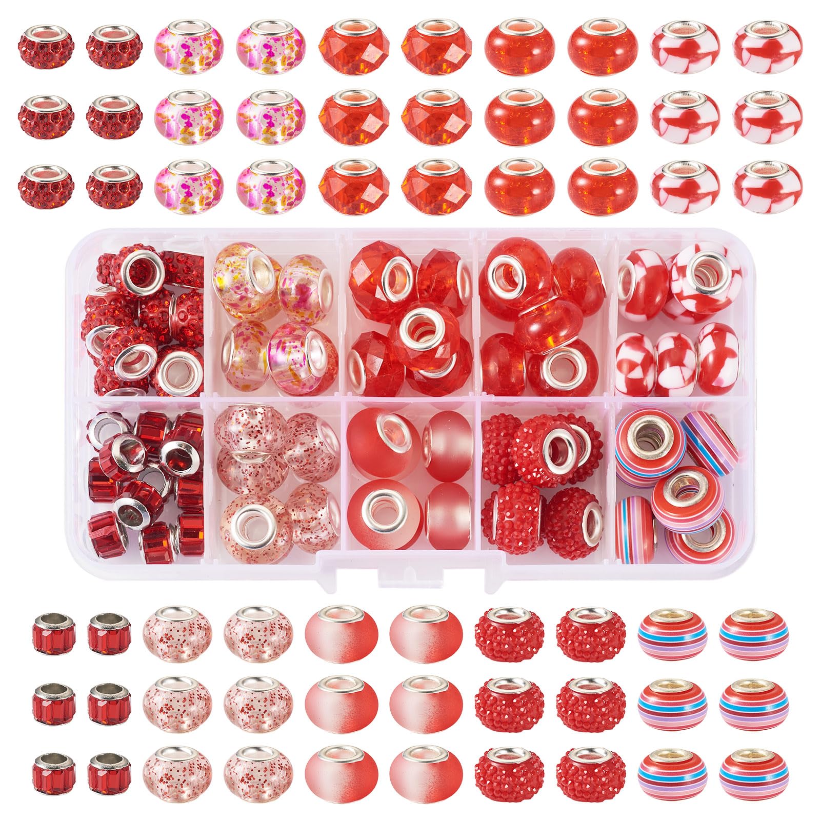 Boutigem 72Pcs Red Large Hole European Beads Set Transparent & Opaque Rondelle Loose Spacer Beads Bulk for Bracelet Earring Jewelry Making DIY Crafts