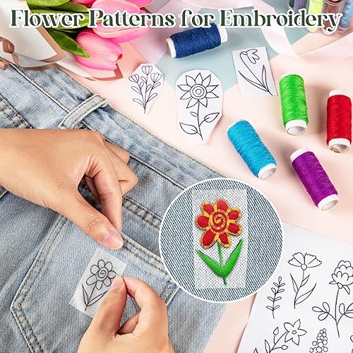 Miniatura 4 de Patrones de transferencia de bordado de flores, 56 unidades estabilizadoras solubles en agua para bordado de papel de bordado adhesivo estabilizador