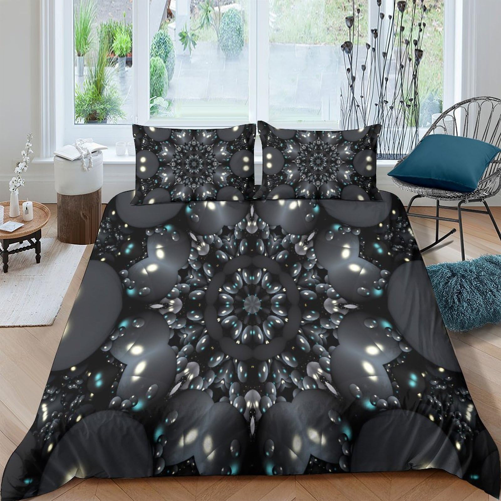 TUFRTGYHN 3D Printed Mandala Black Duvet Cover Microfiber Soft Breathable Kaleidoscope Bedding Set with 2 Pillowcases for Bedroom Decor Single（135x200cm）