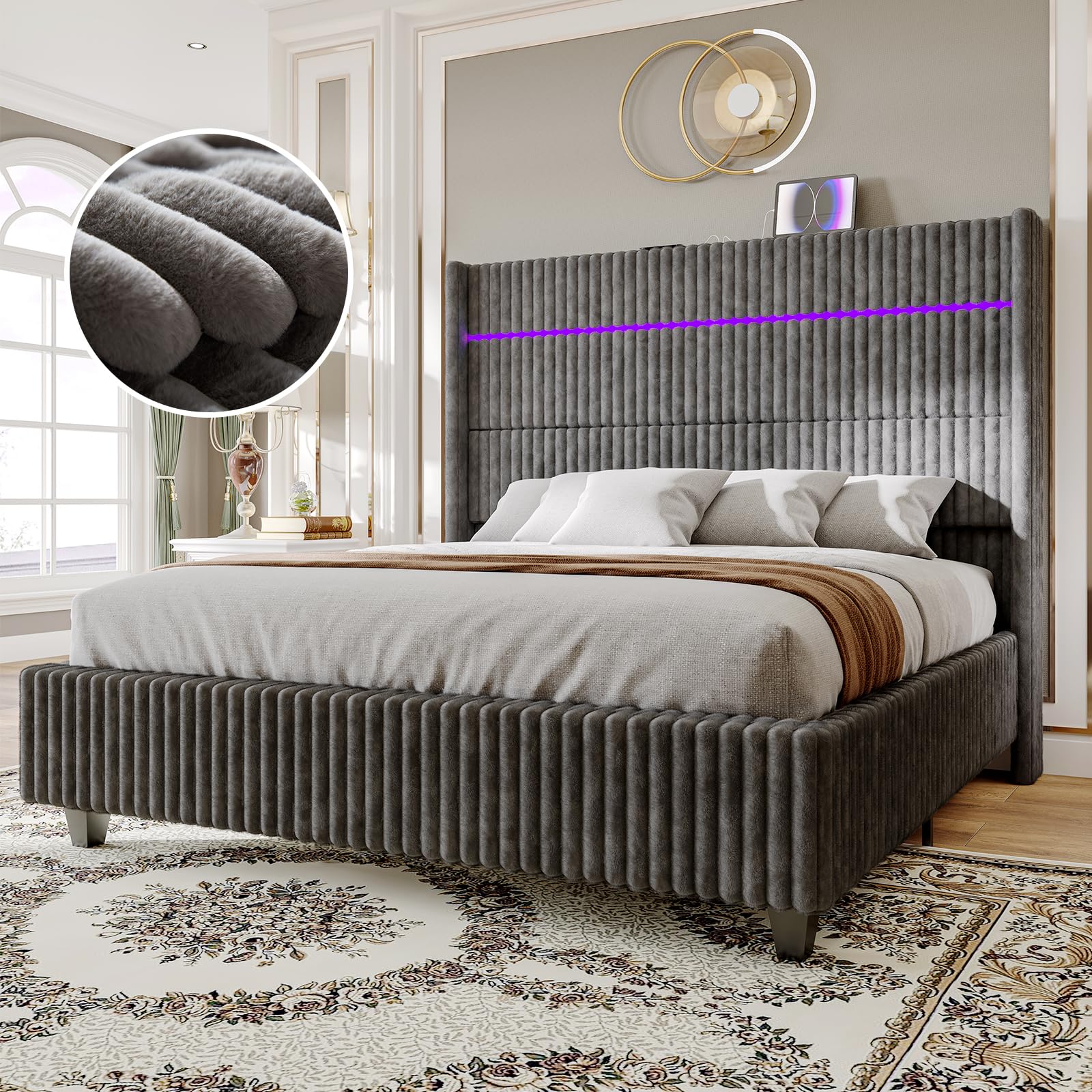 Jocisland 60" Tall Queen Bed Frame with LED Lights, Corduroy Upholstered Platform Bed Frame with Wingback Headboard and Charging Station/No Box Spring Needed/Grey