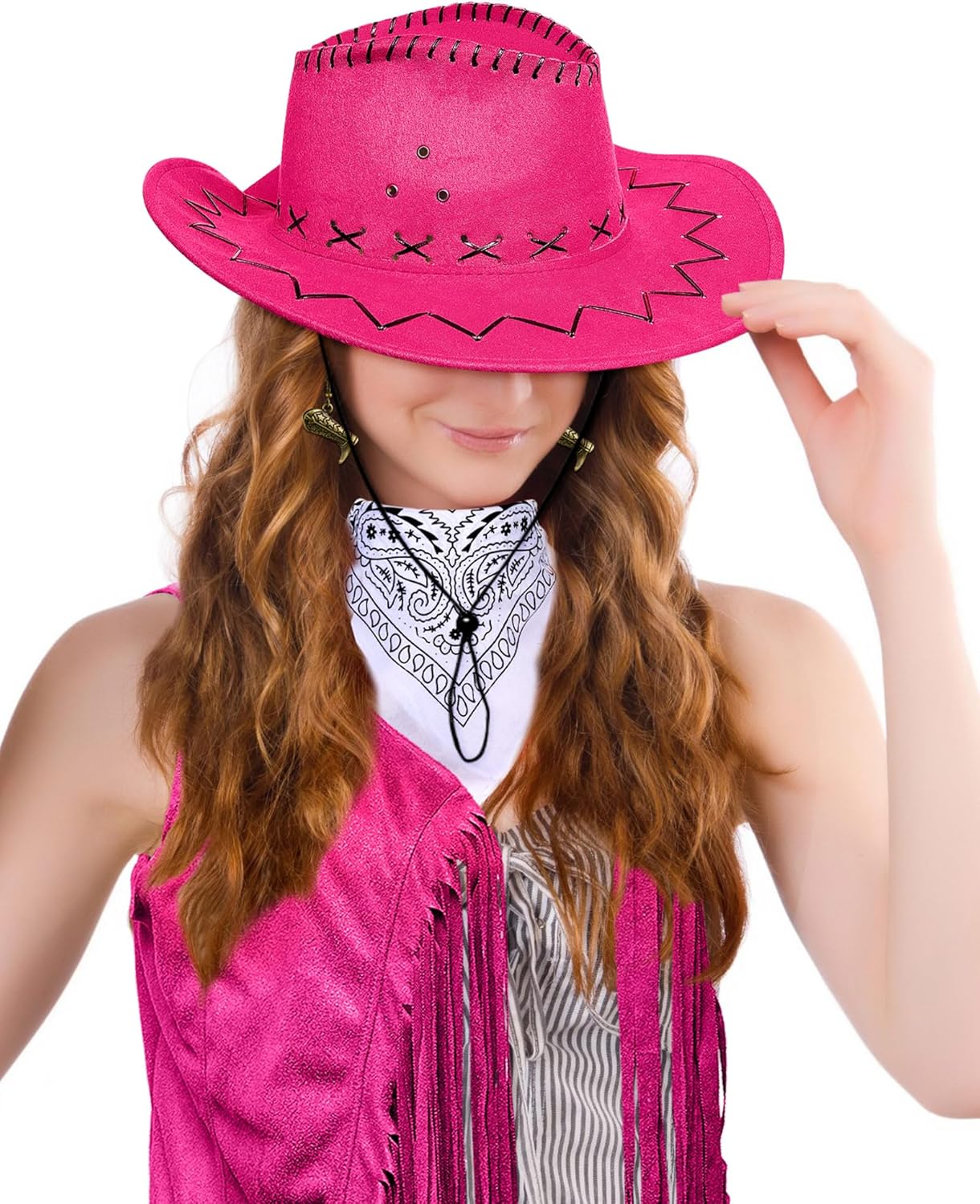 Xtinmee 4 Pcs Western Cowgirl Cowboy Outfits Set Women Tassel Vest Hat Dangle Drop Earring Paisley Bandana Dress up - Image 4