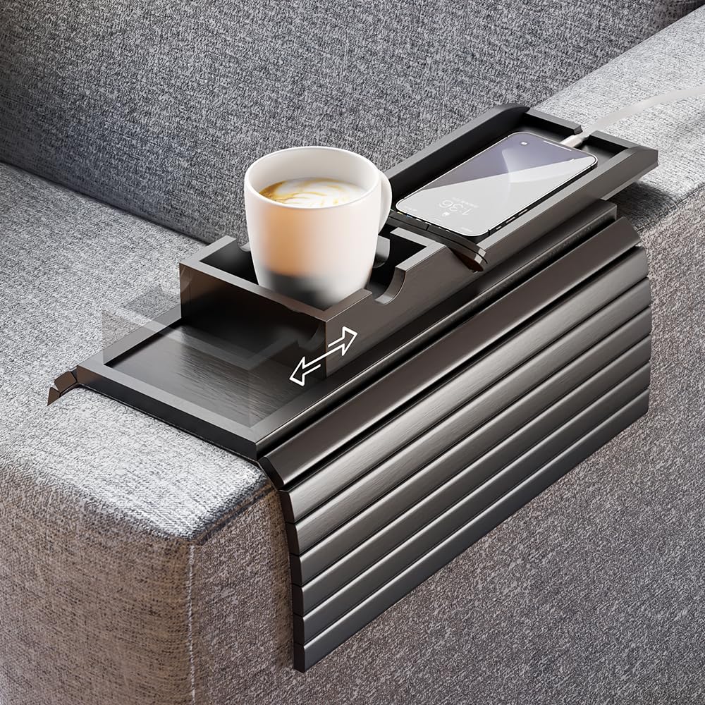 Bestjing Bamboo Couch Armrest Table, Sofa Arm Tray with Detachable Couch Cup Holder- 2 in 1 Anti-Slip Foldable Sofa Armchair Caddy Table for Drinks