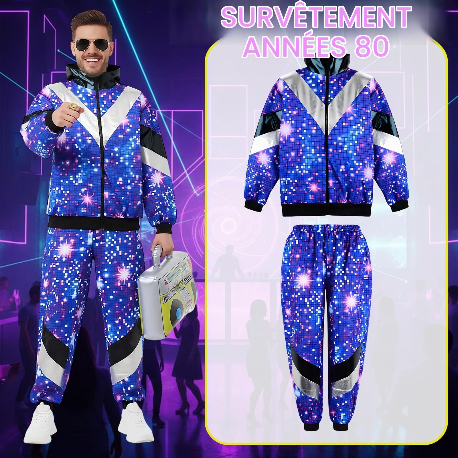 Déguisement Année 80 Homme Femme Costume Années 80 Survêtement Rétro Avec Veste Et Pantalon, Déguisement Année 80 90 Accessoire Deguisement Disco pour Carnaval, Soirée Deguise, Jogging