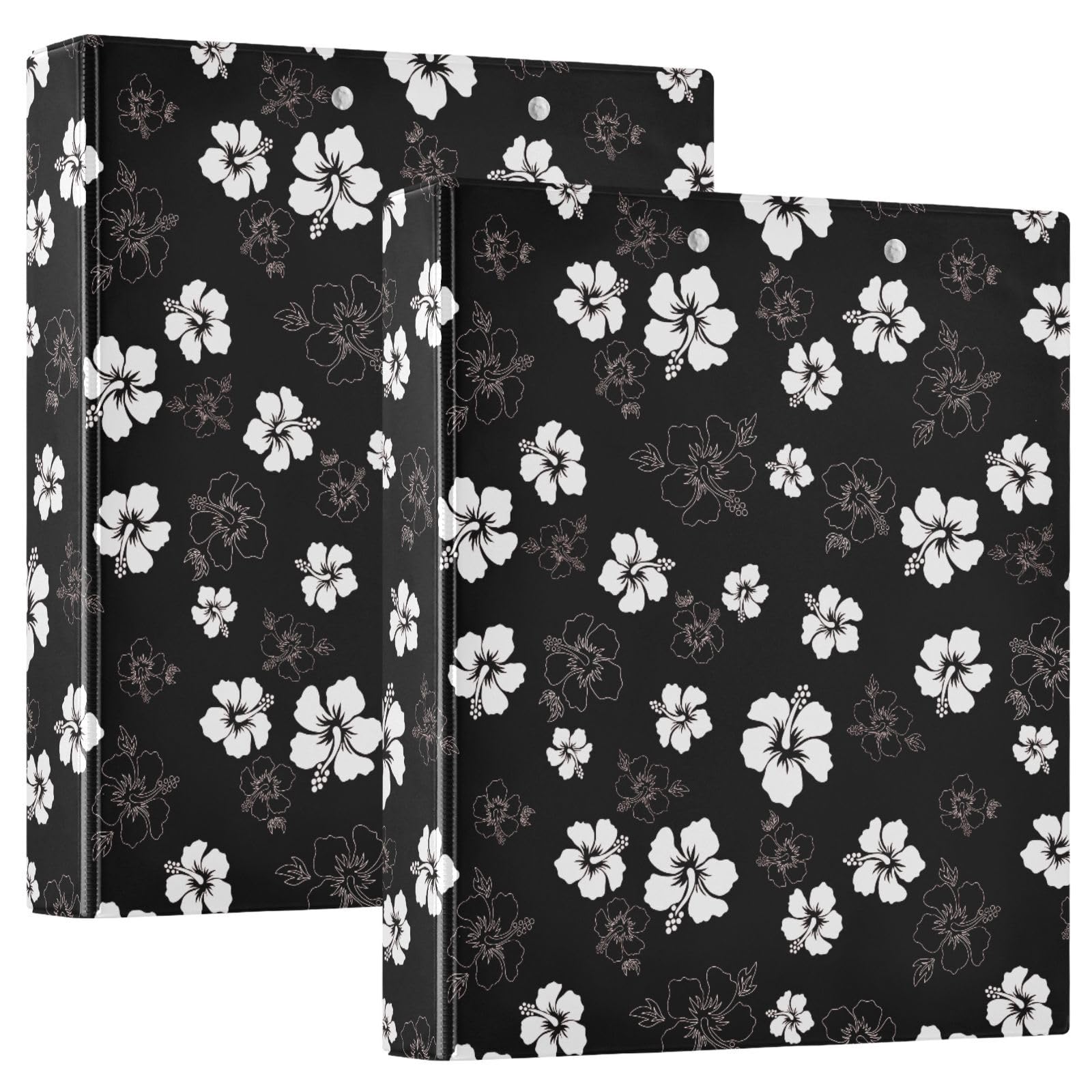 Raccoglitore a 3 anelli con fiori di ibisco bianco e nero da 3,8 cm, con portablocco e 3 tasche trasparenti, contiene 200 fogli di carta formato A4, impermeabile, per scuola, casa e ufficio
