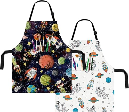 Miniatura 1 de Whaline Paquete de 2 delantales temáticos de astronauta, diseño de planeta espacial, cohete, impermeables, de lino, delantales de cocina para chef,
