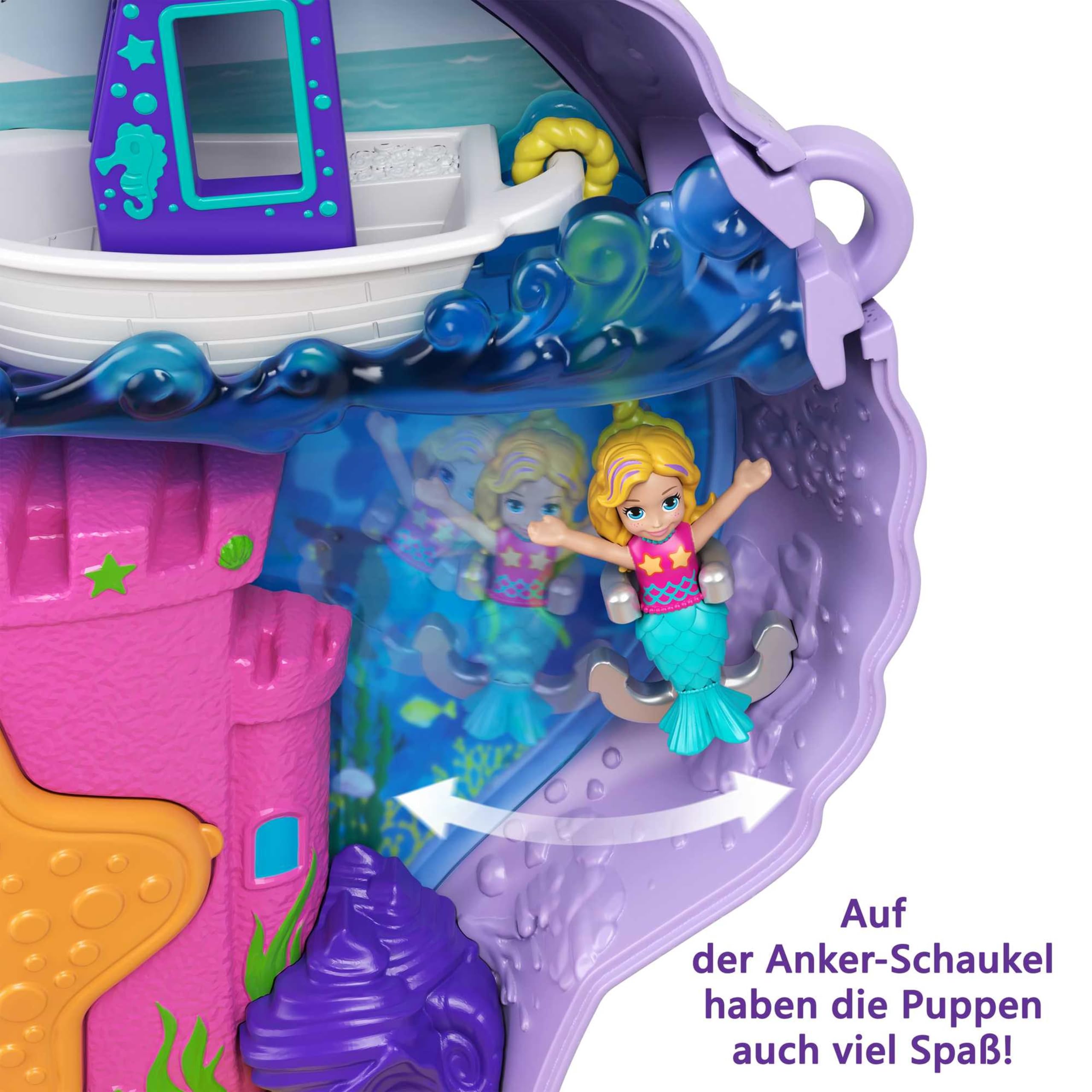 Polly Pocket Schatulle, Muschel Tasche zum Umhängen in Unterwasser Thema, mit 2 Puppen und 1 U-Boot, Polly Pocket Meerjungfrau Spielzeug, Spielzeug ab 4 Jahre, GNH11