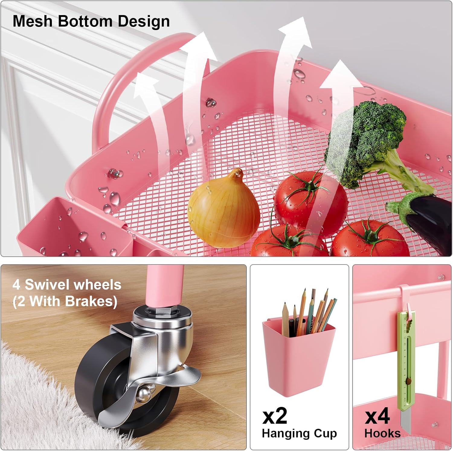 4 Tier Rolling Cart Metal with Lockable Wheels, Four Tiered Pink Trolley Cart on Wheels, Utility Storage Organizer Carts for Bathroom, Kitchen, Art, Craft, Baby Diaper Caddy, Snack, Makeup, Nail, Lash