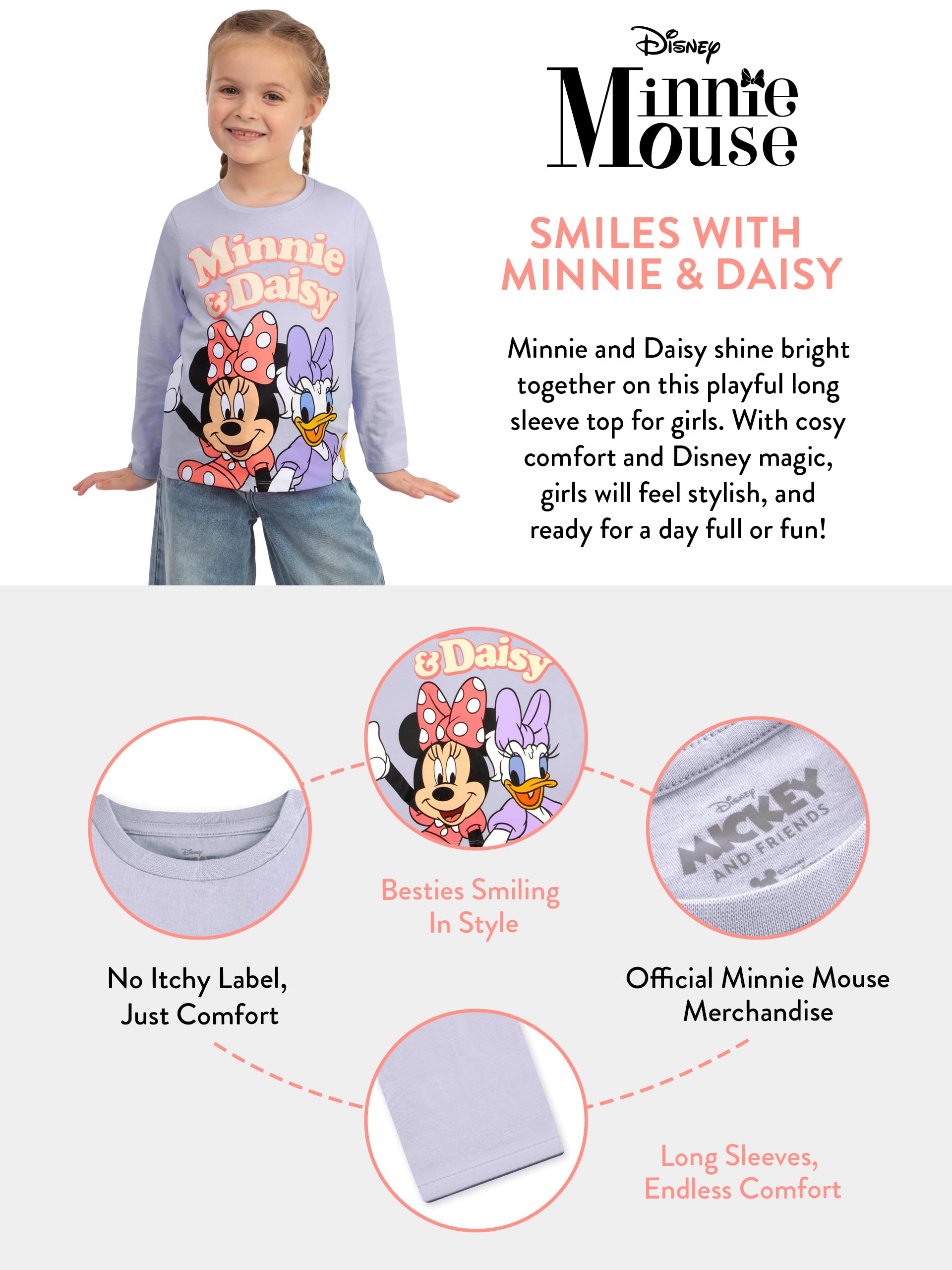 Disney Koszulka Dziewczęca, Minnie Mouse i Daisy Duck, Dziewczęca Bluzka z Długim Rękawem