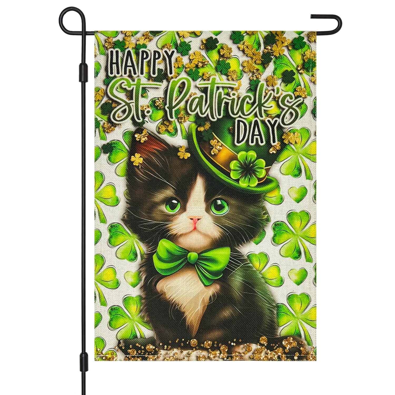 Vigor Home Happy St. Patrick's Day Cat Garden Flag Double Sided 12×18 Inch,Katty with Green Bow Tie Lucky Shamrocks Clovers Small Vertical Burlap Flags for Outdoor Porch Lawn Yard Decoration
