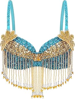TiaoBug Women's Sparkle Glitter Tassels Bra Top Rave Dance Belly Dancing Crop Tops Costume Clubwear