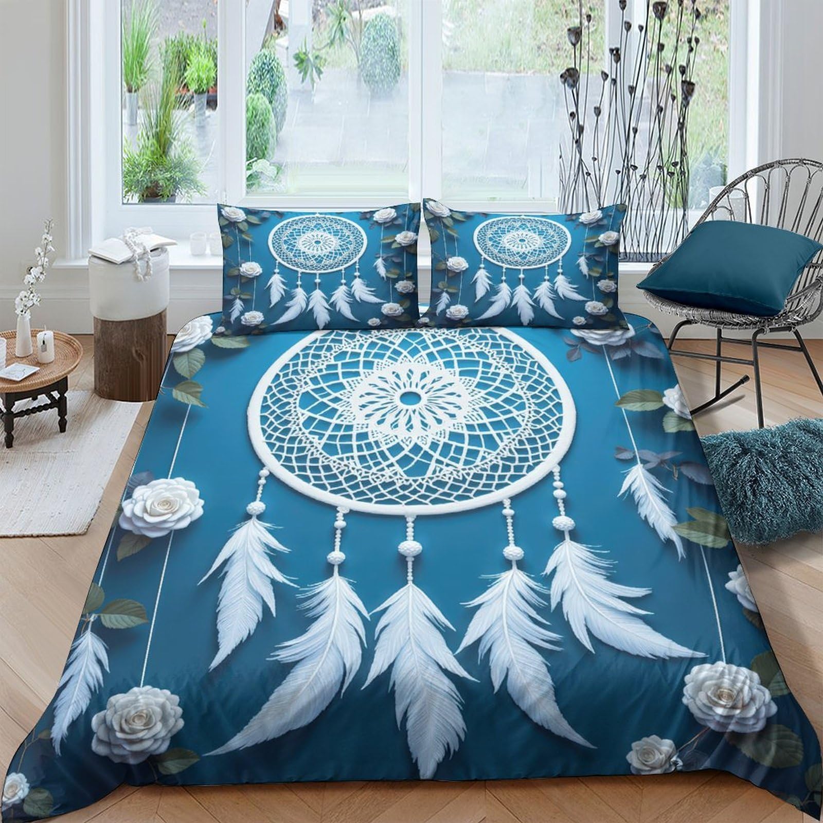 Ctjqhvkz Style-8 3D Printed Dreamcatcher Fitted Sheet Microfiber Soft Blue Feather Mandala Mattress Cover For Bedroom Decor Single（135X200cm）