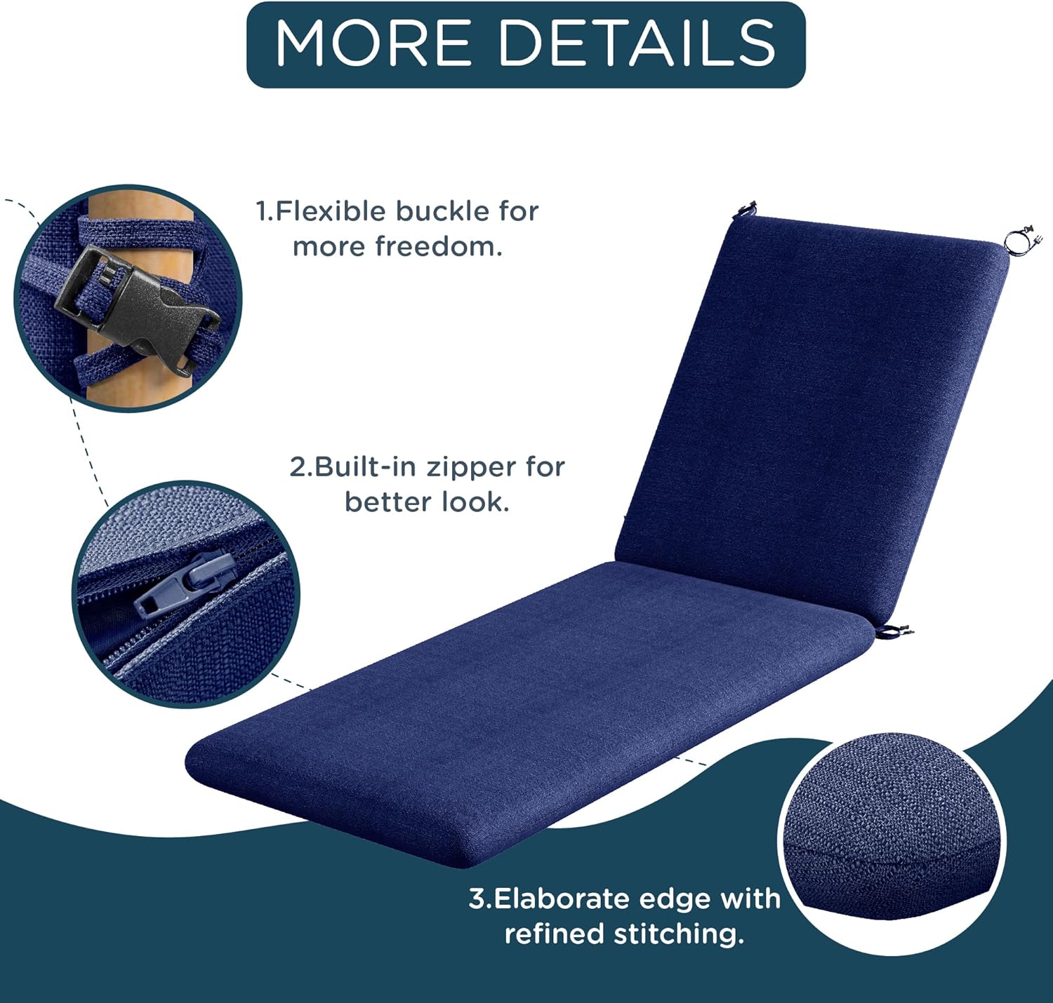 Codi Outdoor Chaise Lounge Chair Cushions 72"x22.5"x3.5" – Linen Texture, Fade Resistant, Waterproof, Removable Cover, Thick Soft Padding for Patio Furniture & Pool Relaxation, Navy Blue
