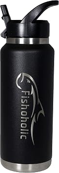 Fishoholic Fishing Mug Keg Bottle Tumbler - Double Wall Stainless Steel Vacuum Insulated - Fishing Gift for Men Black, 36oz