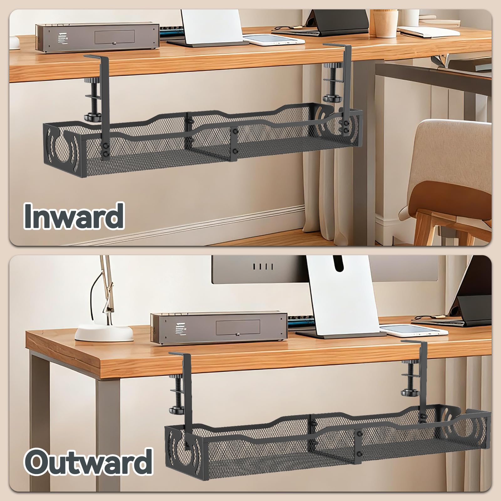 Kabelmanagement, 64 cm Untertisch-Kabelmanagement-Tablett, ohne Bohren, Metall-Kabel-Organizer mit Klemme für Drahtmanagement, Kabel-Organizer für Heimbüro, Schreibtischzubehör-Organizer, Schwarz