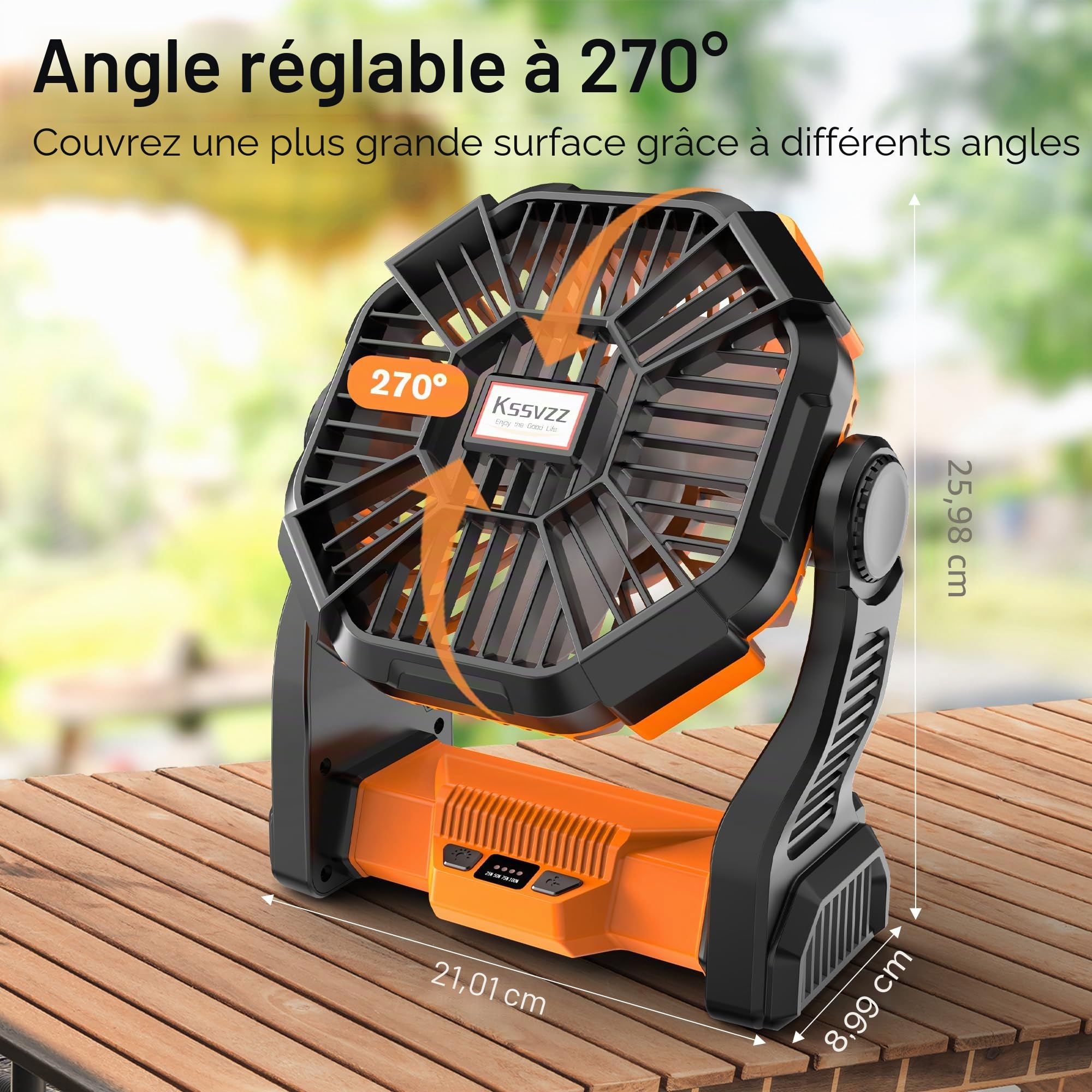 Kssvzz Ventilateur Camping Portable, USB Rechargeable Ventilo a Batterie | 20000mAh Ventilateur de Table 4 Vitesses avec LED et Crochet(270° Rotation)pour Camping, Pêche, Bureau, Extérieur (Orange)