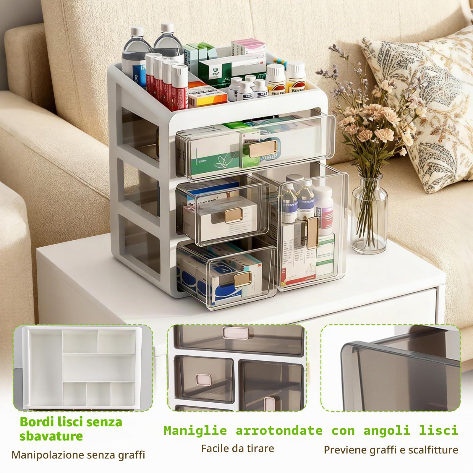 Organizzatore farmaci 4 Livelli in plastica Resistente | Trasparente, senza montaggio, Cassetti trasparenti, struttura integrata, pronto all'uso – ideale per casa e ufficio