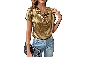 Women's Gold Shimmer Short Sleeve Cowl Neck Blouse
