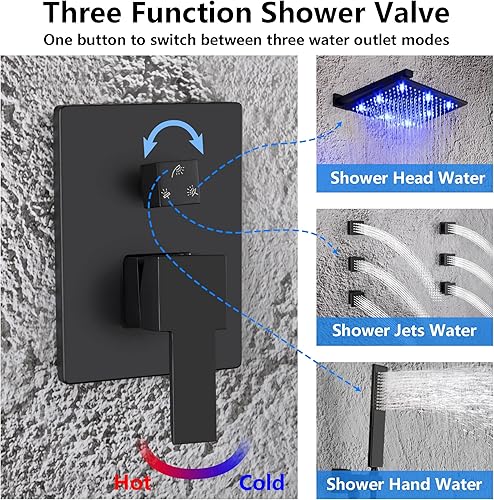 Miniatura 3 de SKOWLL Kit de ducha de lluvia LED de 12 pulgadas, sistema de chorros de ducha, accesorios de ducha con 3 funciones, kit de válvula de ducha cUPC,