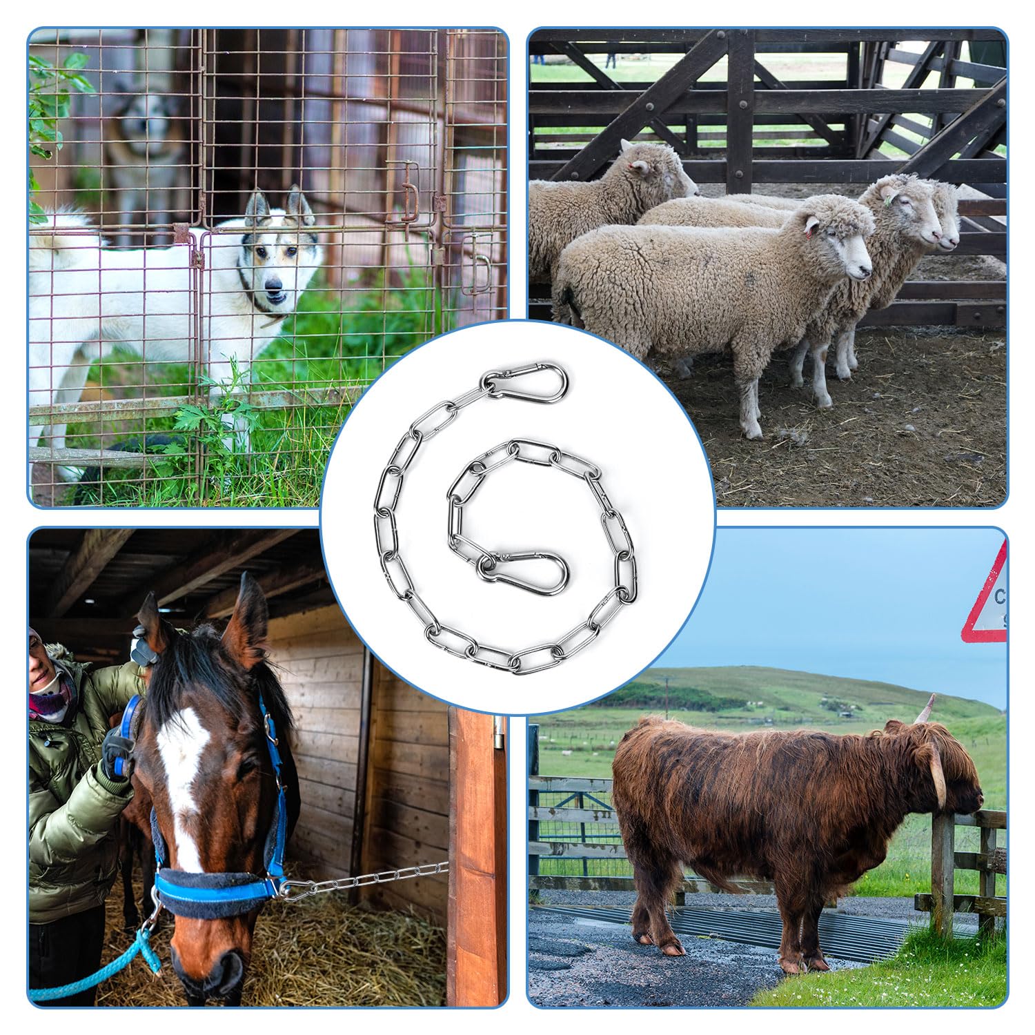 2pcs Serrure à Chaîne pour Portail, 51cm Serrure à Chaîne en Acier Inoxydable avec Mousquetons pour Clôtures Extérieures Cages pour Animaux de Compagnie Fournitures de Vache de Chèvre (Argent)