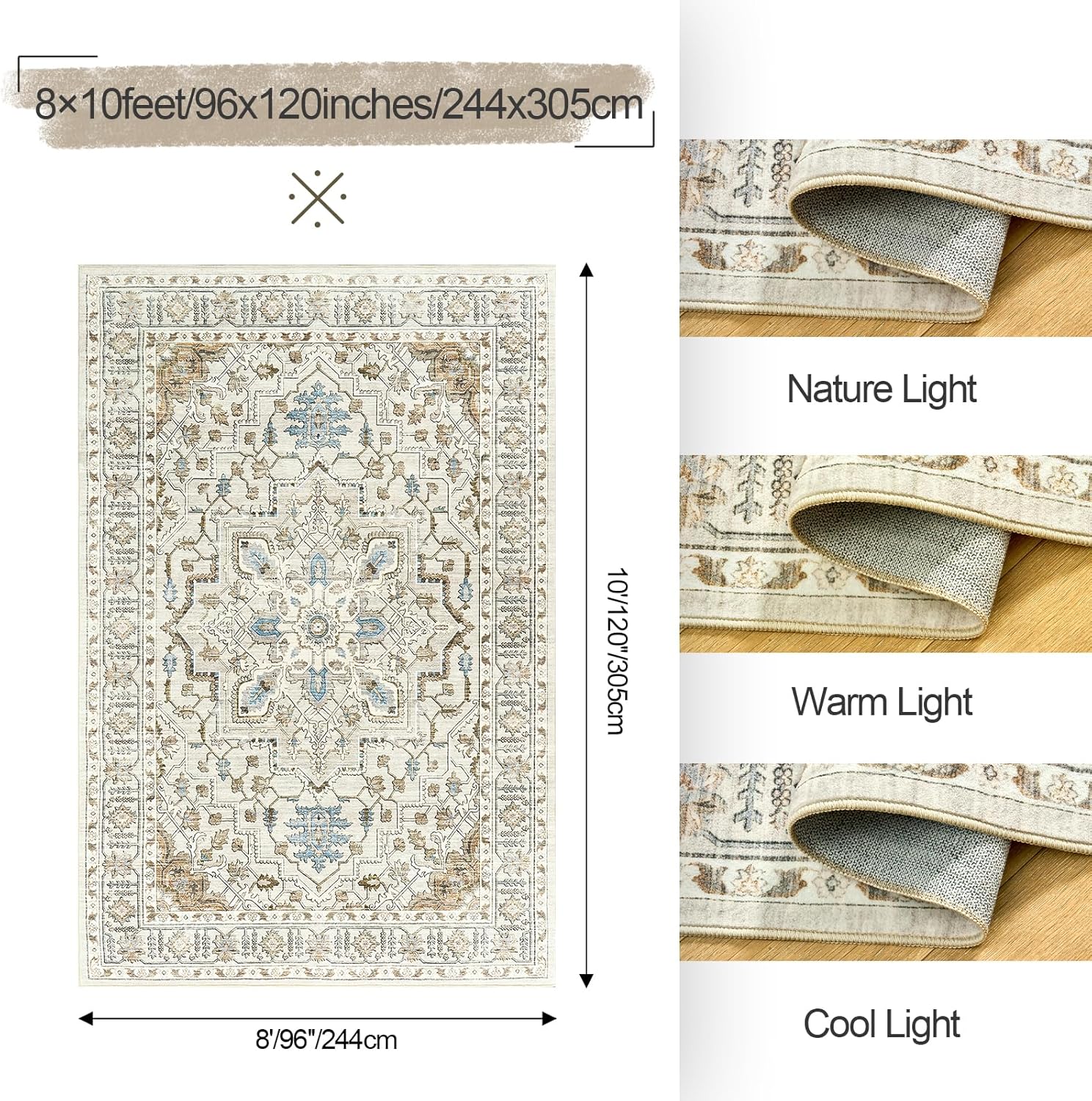 8x10 Area Rug for Living Rooms, Stain Resistant Neutral Washable Rugs for Dining Rooms, Floral Vintage Non-Slip Thin Large Size Area Rugs(Beige) - Image 2