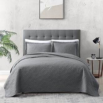 EXQ Home Quilt Set Full/Queen Size Grey 3 Piece,Lightweight Soft Coverlet Modern Style Wheat Pattern Bedspread Set(1 Quilt,2 Pillow Shams)