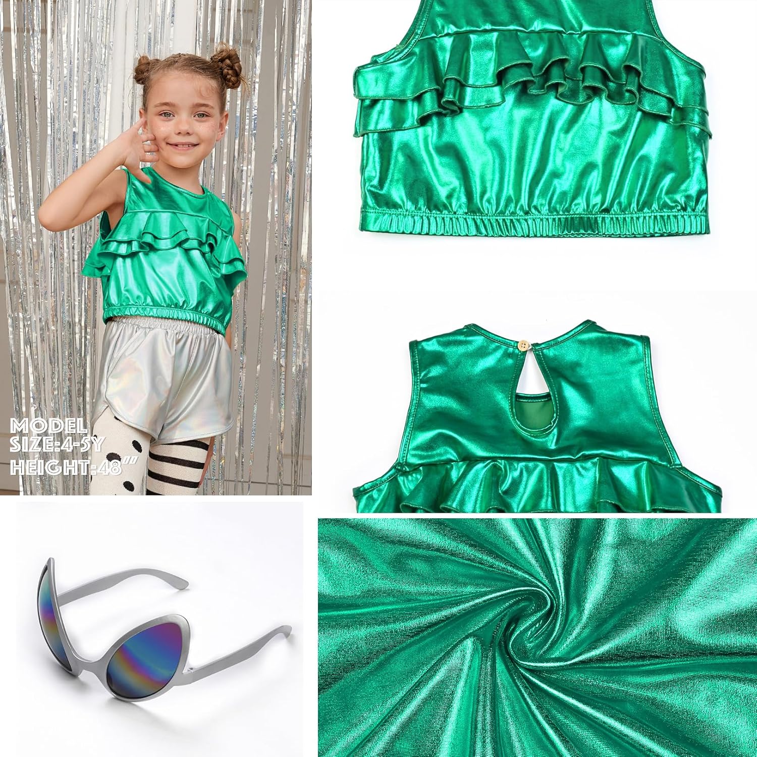 Perfashion Girls Metallic Tank Tops Shiny Ruffle Layered Crop Tops Dance Shirts with Alien Glasses 4-15 Years - Image 5