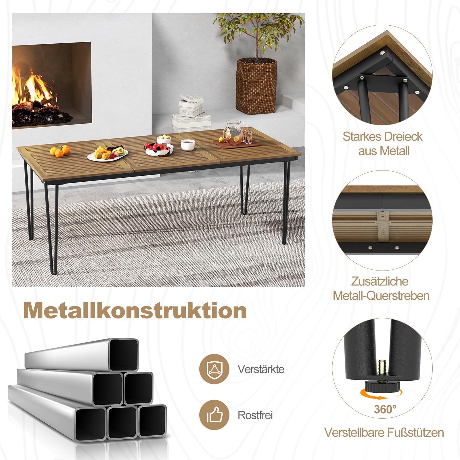 FANTASK 200 x 90 cm, tavolo da giardino rettangolare in legno di acacia, tavolo da pranzo con foro per ombrellone per 8 persone