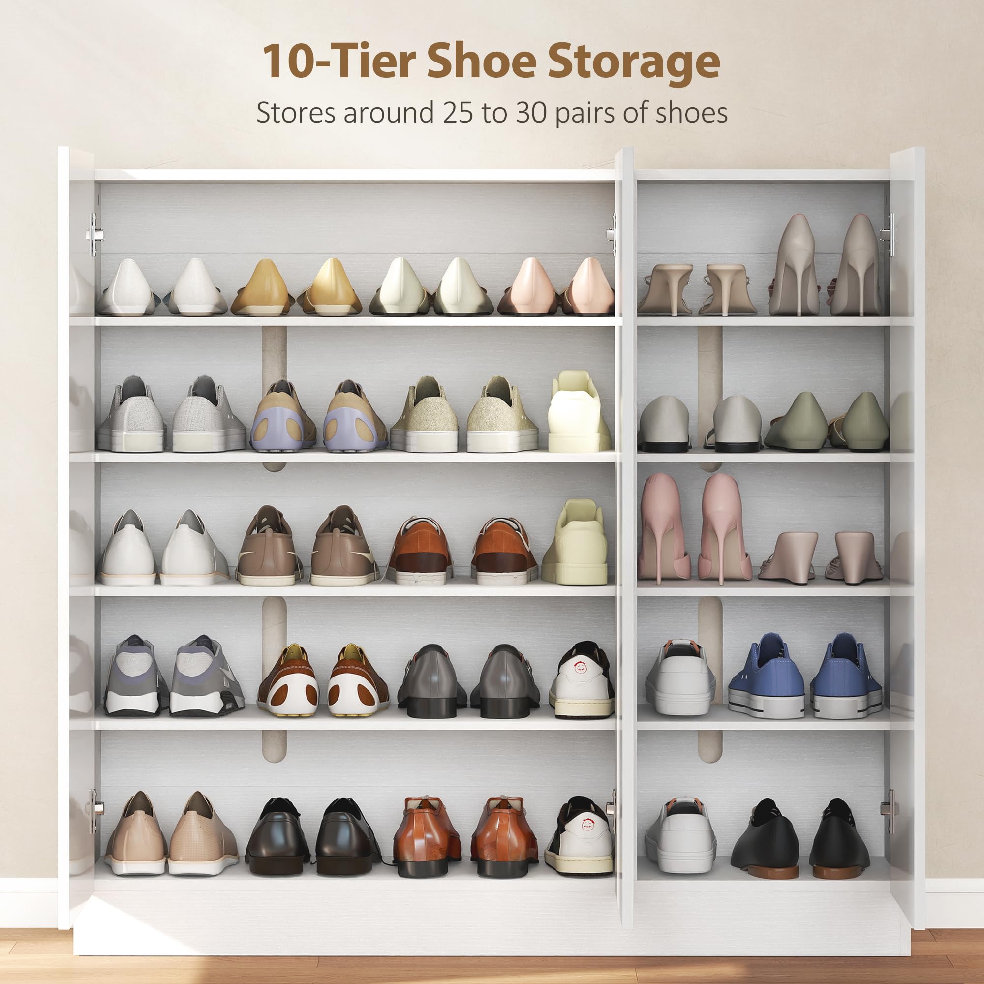 HOMCOM Schuhschrank Verstellbare Ablagen Hochglanztüren 106,4x34x108,5cm | Schuhregal, Belüftungslöchern, Schuhaufbewahrung mit Soft-Close-Funktion, Schuhkommode, für 25–30 Paar Weiß