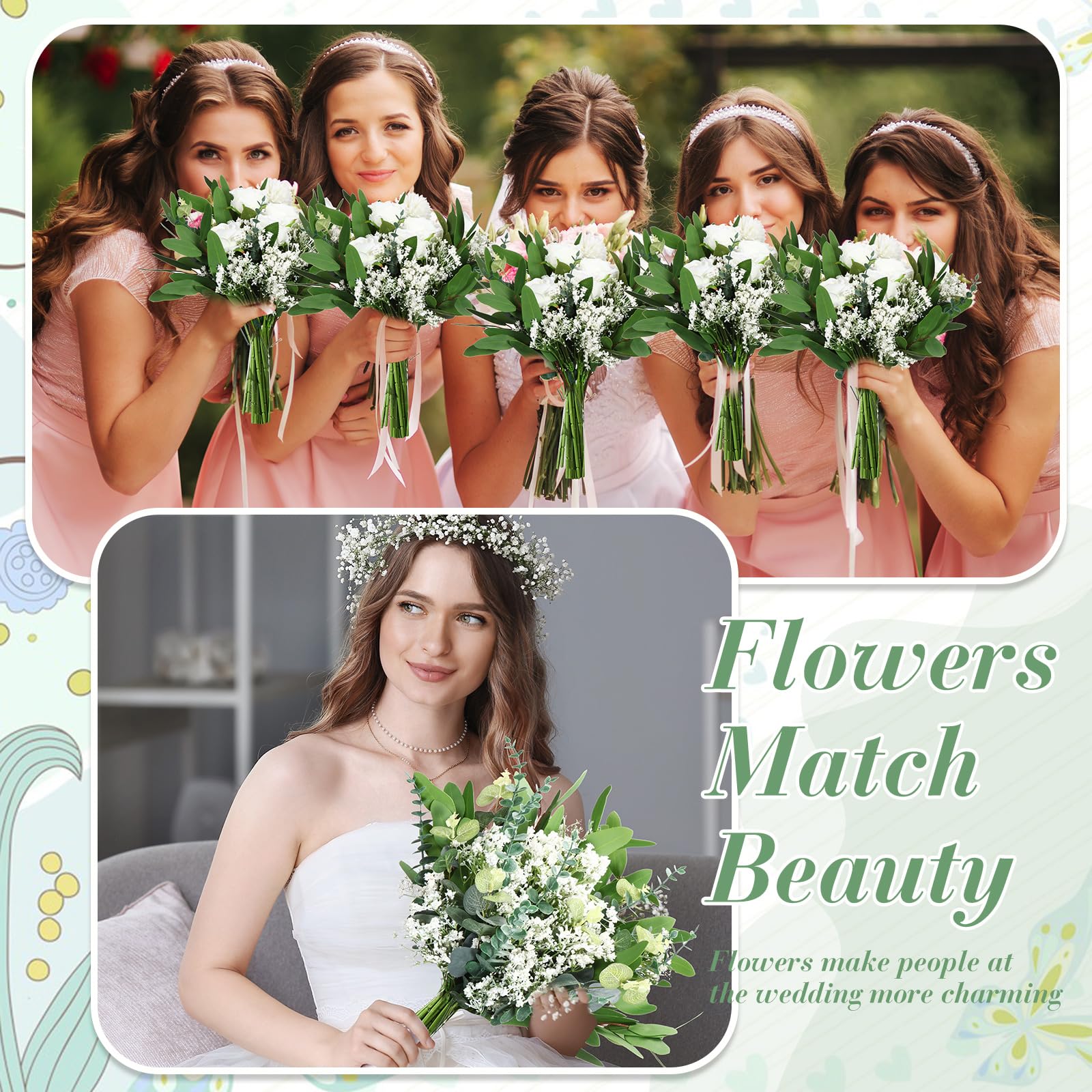 Yunlly Künstliche Blumen mit gemischten künstlichen Eukalyptusstielen, Blätter-Set, 60 Stück, Schleierkraut, 40 Stück Eukalyptusblätter für Hochzeitssträuße, Gründekoration, 100 Stück