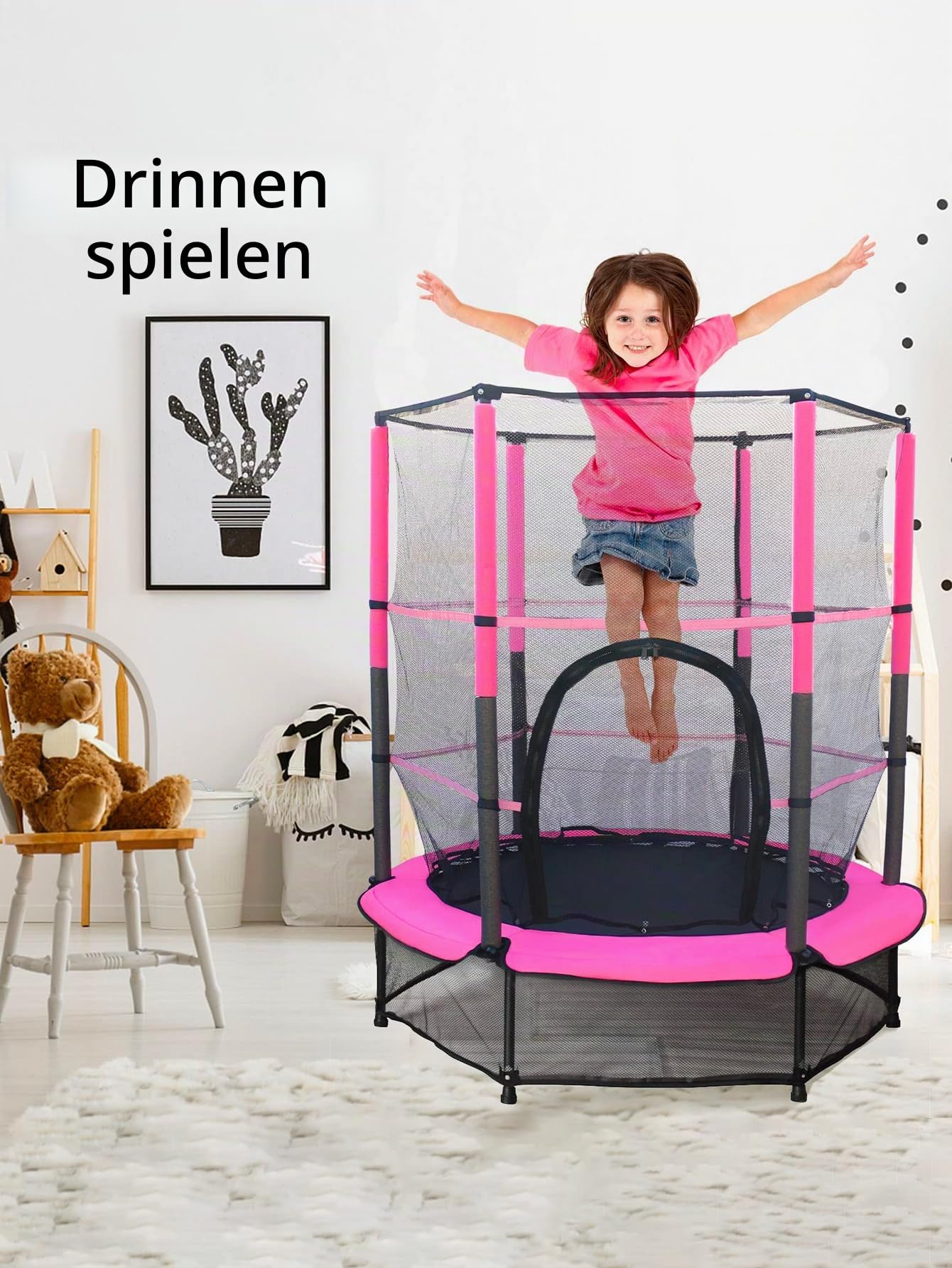 55" Kinder Trampolin,Gartentrampolin mit Sicherheitsnetz Robuster Stahlrahmen & Rahmenabdeckung,Indoor/Outdoor für Kinder von 3-6 Jahren,Rosa