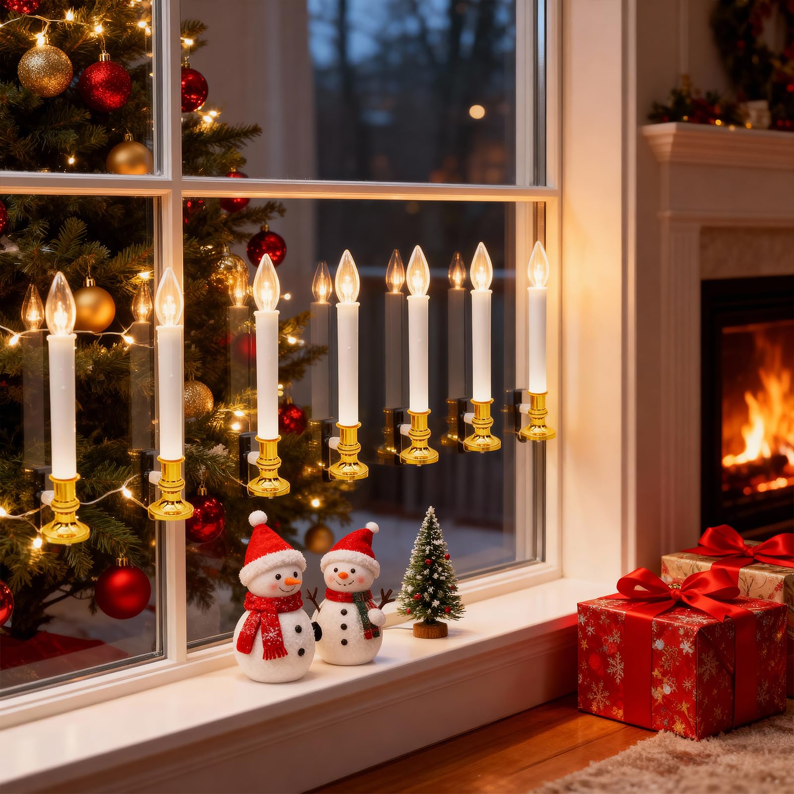 Batteriebetriebene Weihnachtsfensterkerzen mit Timer | Flammenlose LED-Kerzen für Fenster, Messingsockel, batteriebetriebene Fensterkerzen mit Saugnäpfen, 26,7 cm, 6 Stück
